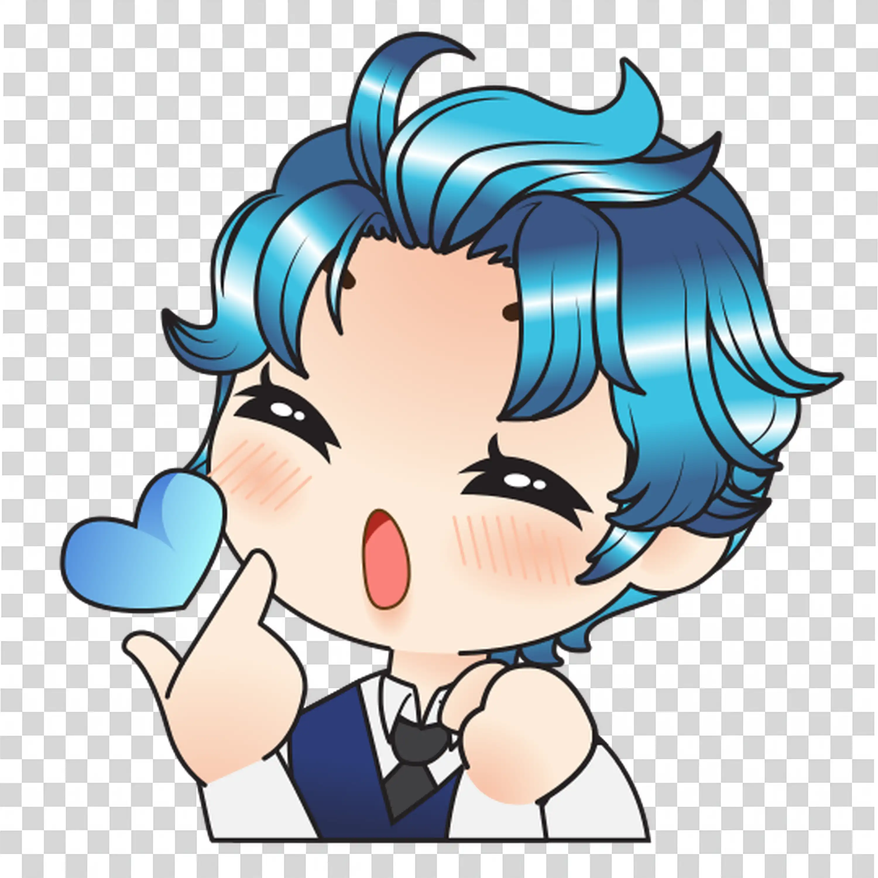 Girl with blue hair laughing and pink hearts floating