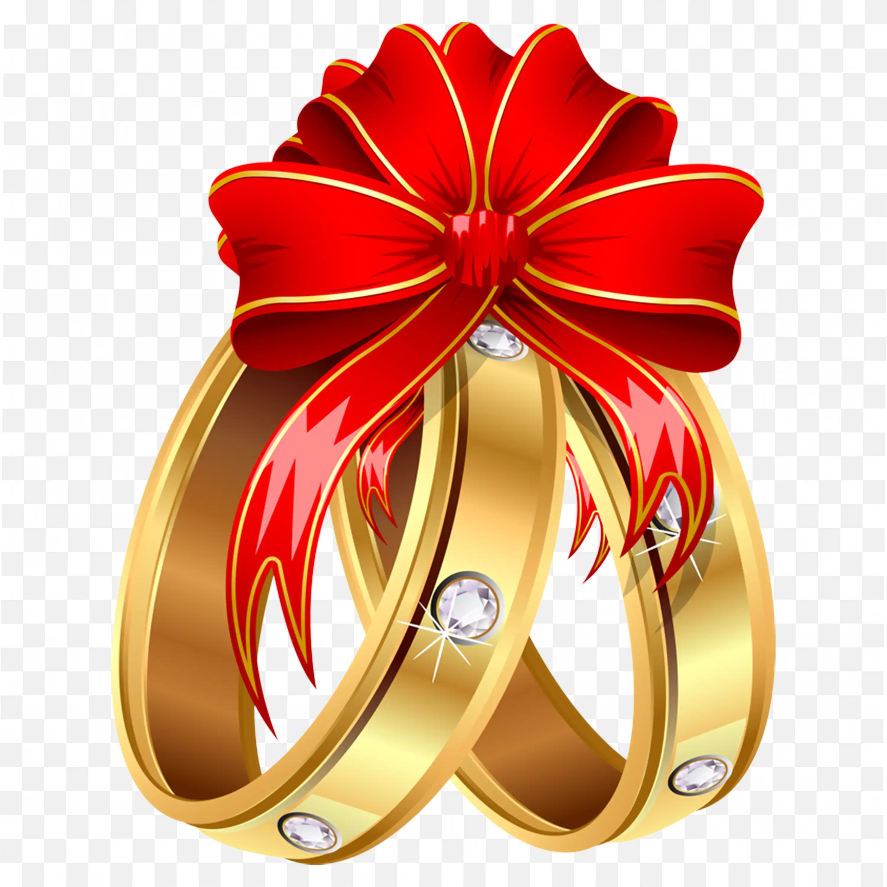 Gold Wedding Rings with a Red Bow and Sparkling Diamonds PNG