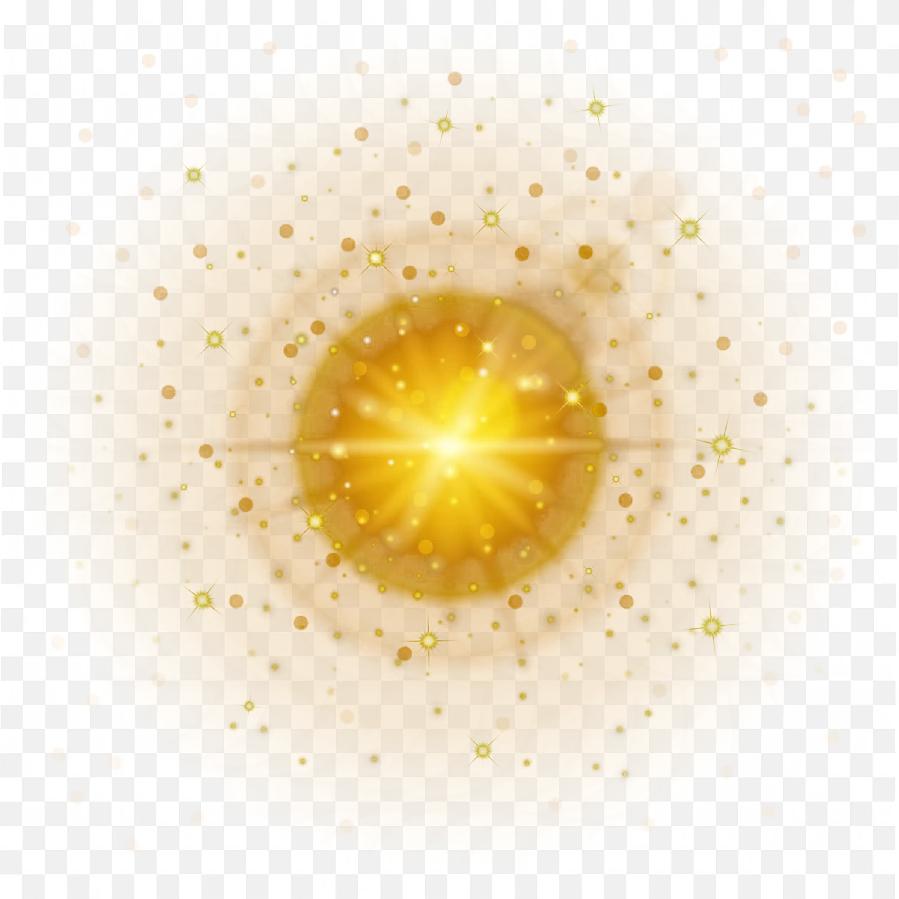 Golden Glowing Sunburst with Scattered Sparkles and Spots