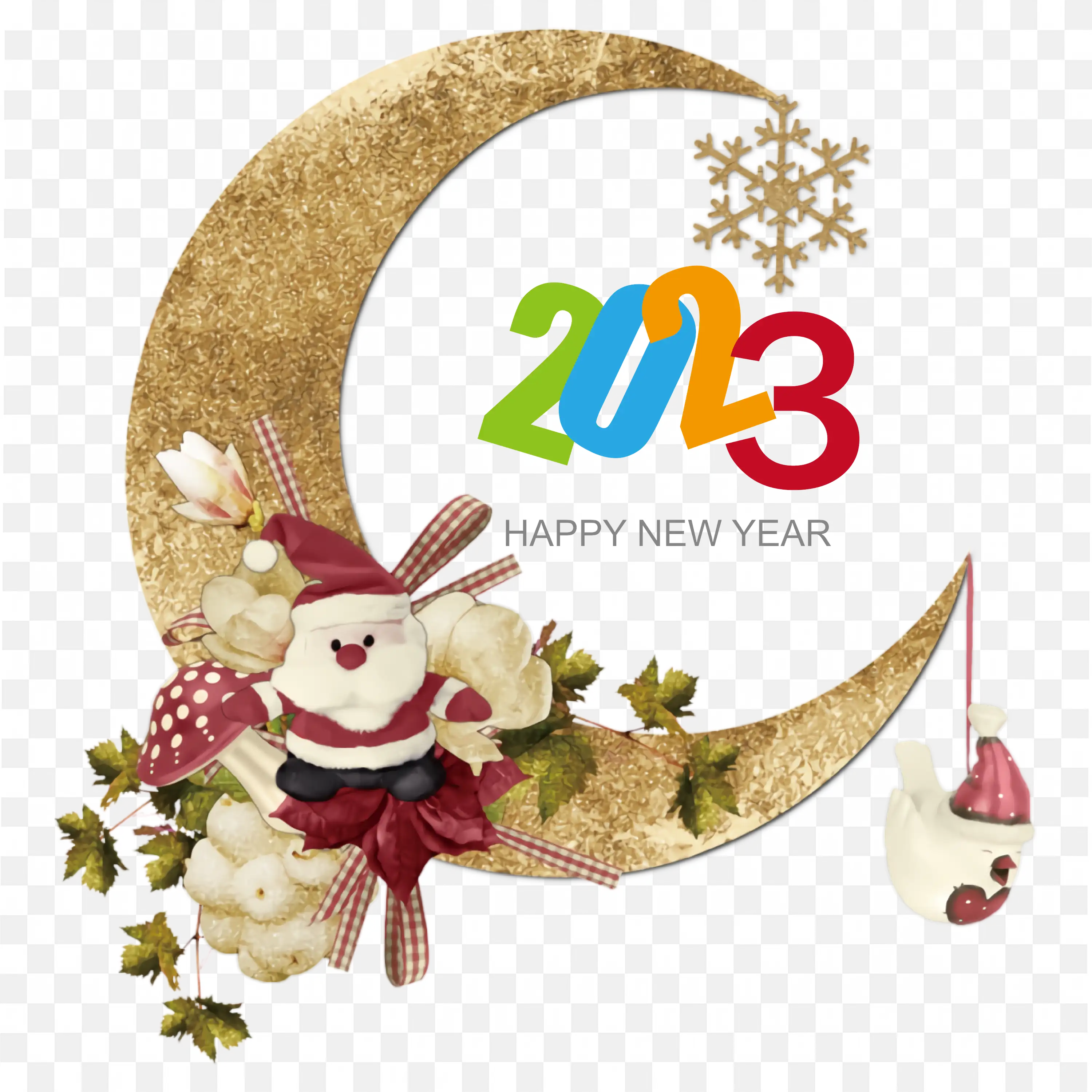 Golden Moon with Santa an Happy New Year Greeting Art PNG