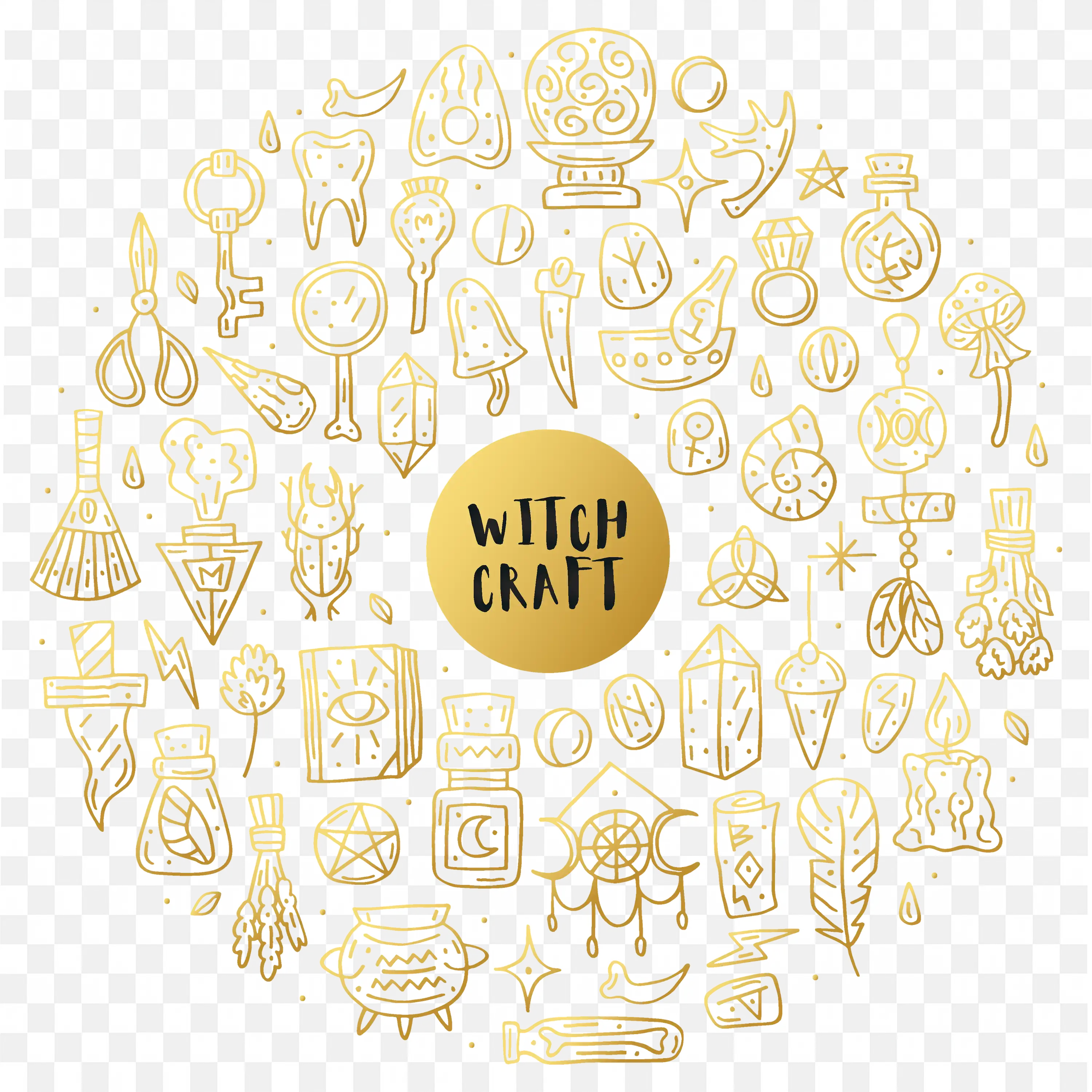 Golden Outlined Witchcraft Objects Arranged in a Circle