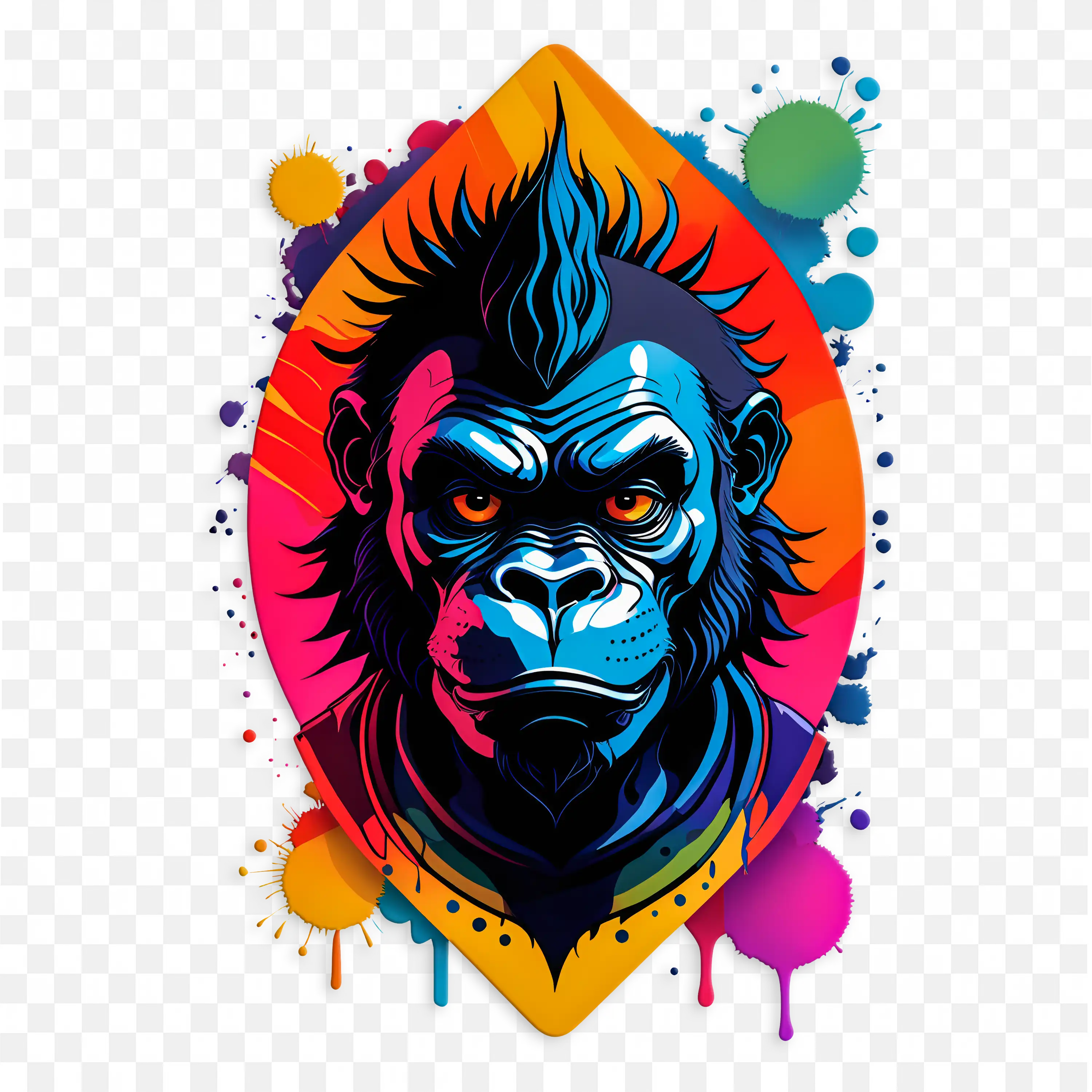Gorilla Face in Leaf Design with Colourful Splashes PNG