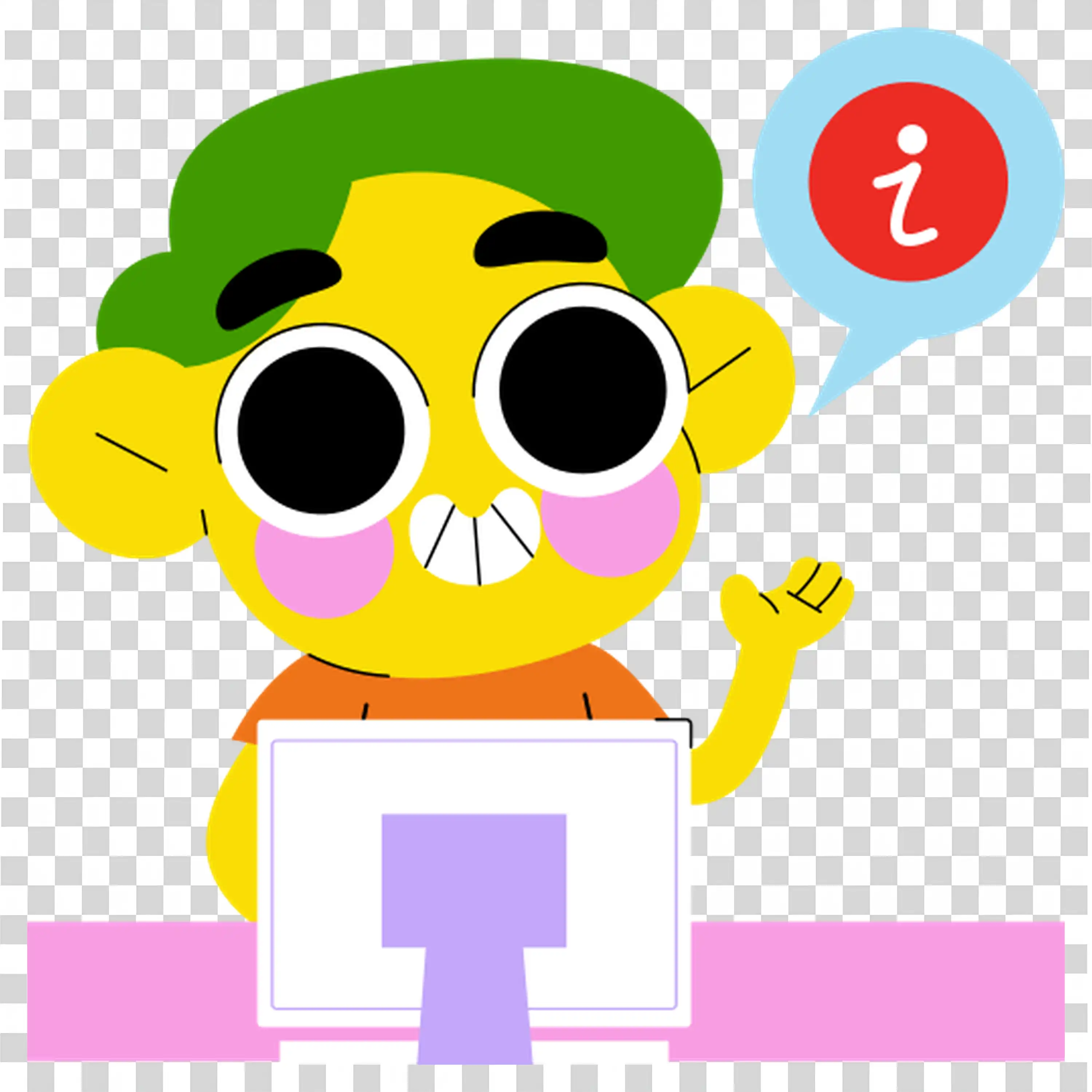 Green character with large eyes engaging with a computer