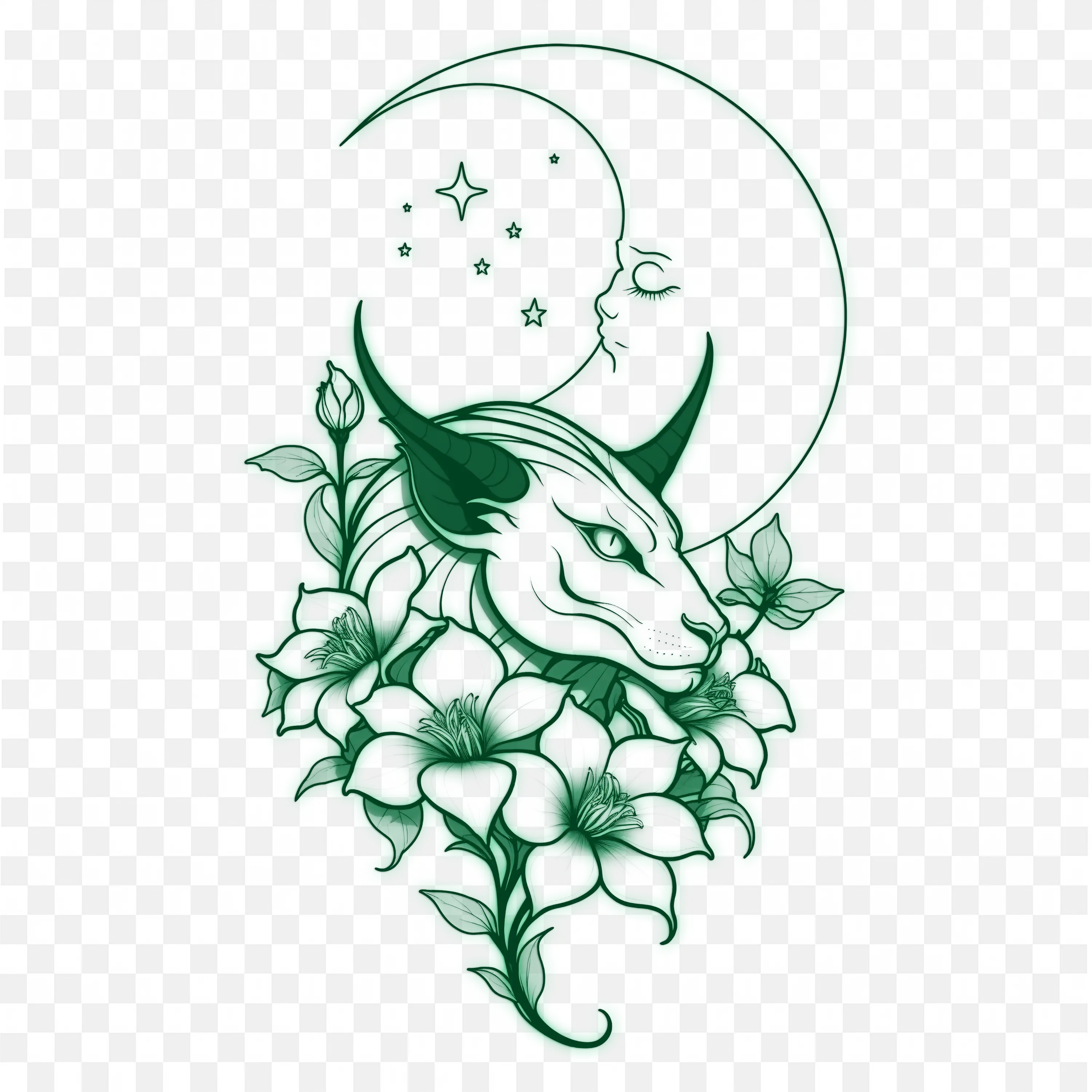 Green Moon and Floral Dragon Tattoo Design Clip Art PNG