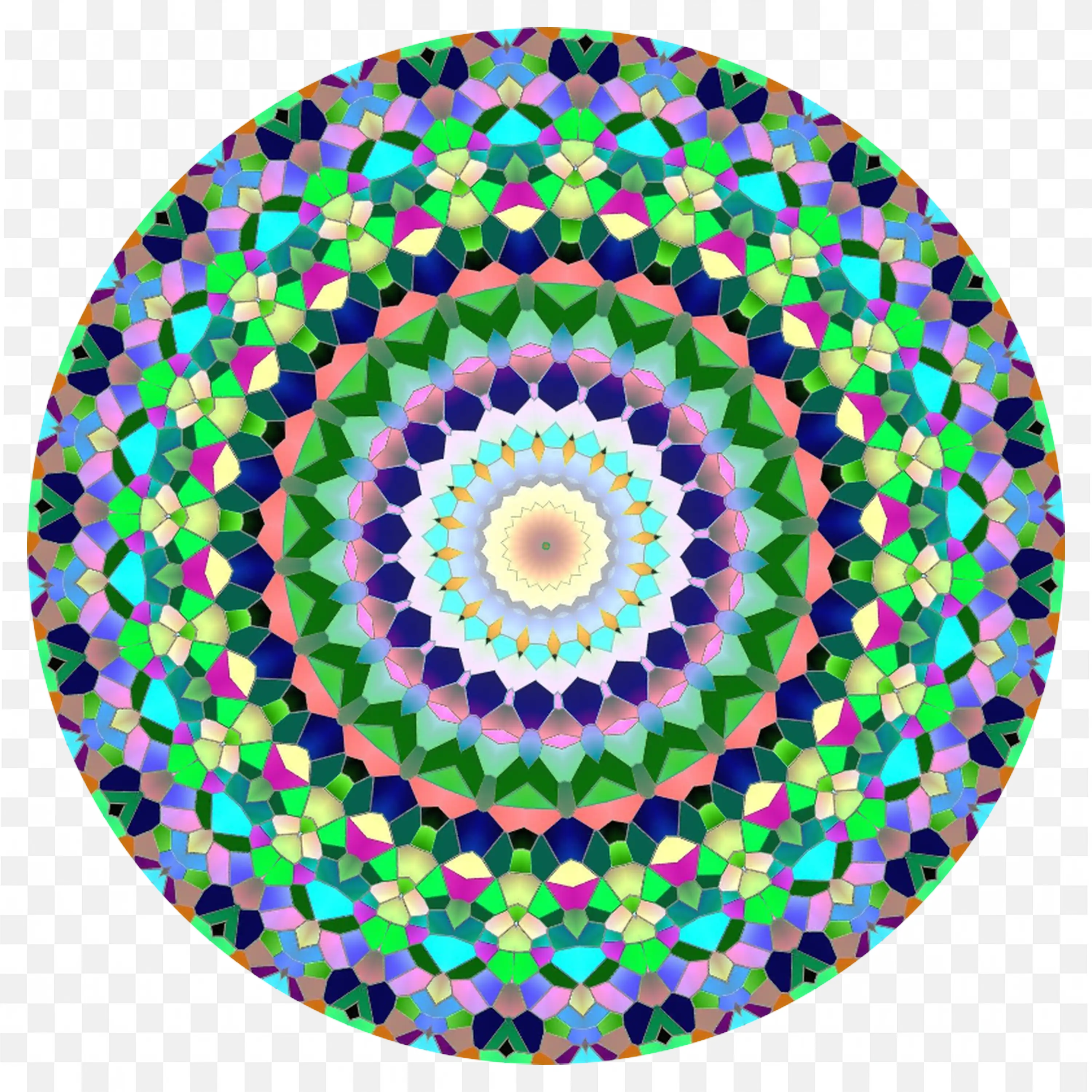 Green Purple and Teal Mosaic Mandala with Dotted Center