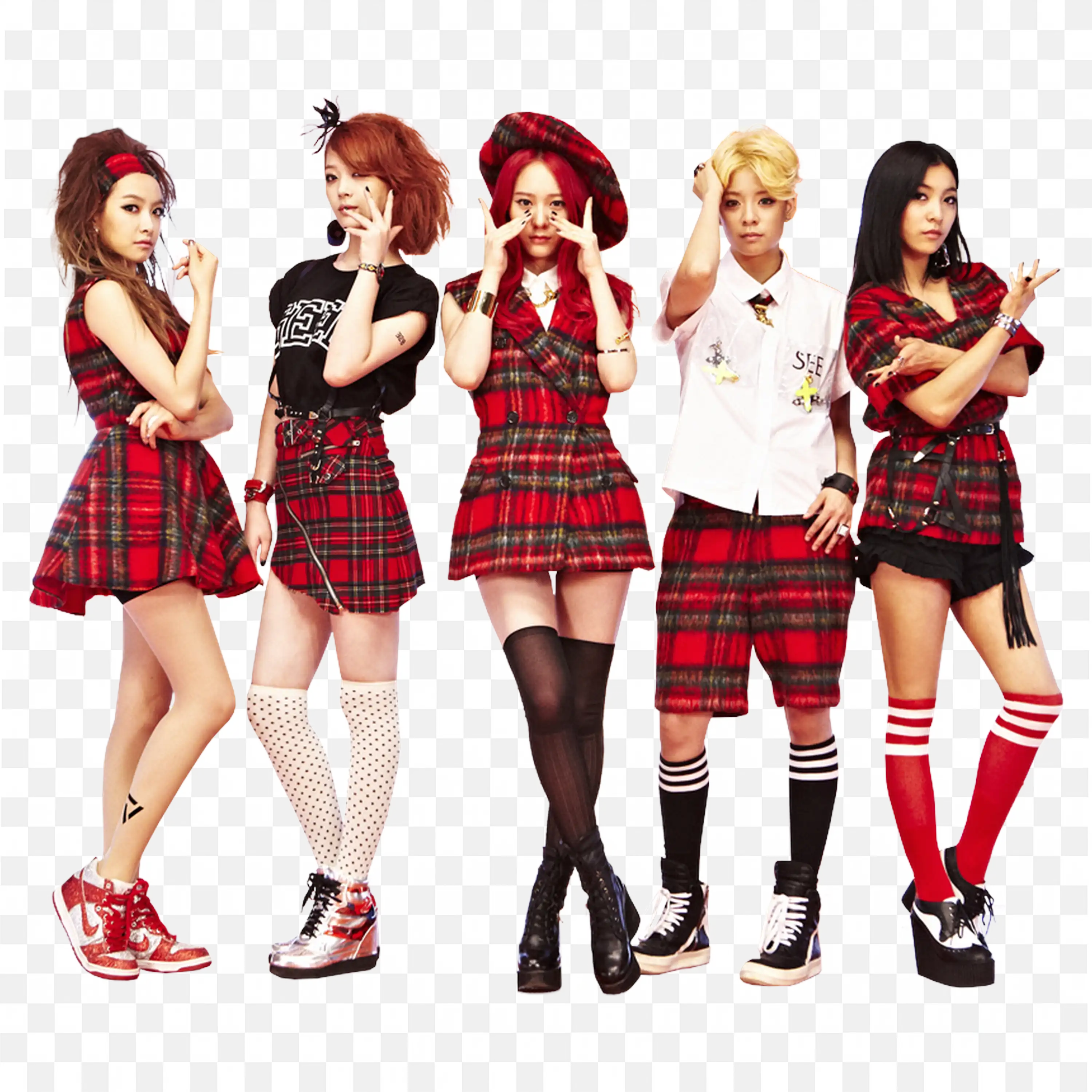 Group of Five Young People in Red Plaid Fashion Outfits
