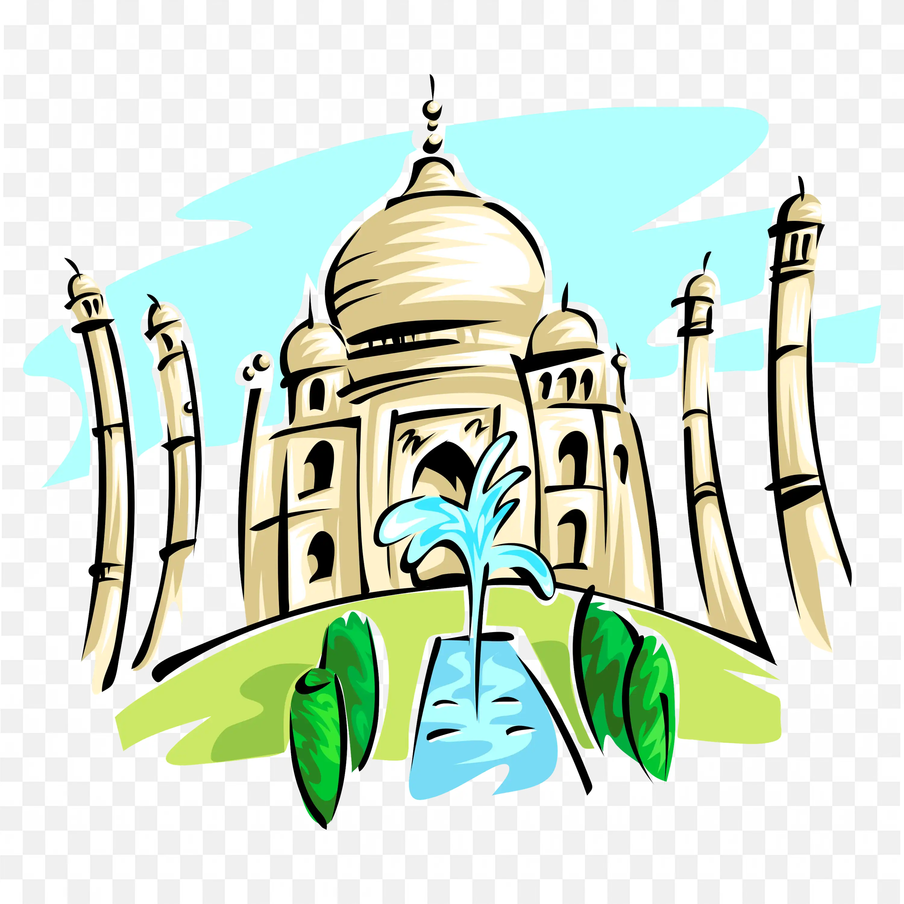 Hand Drawn Taj Mahal with Trees Water Clip Art PNG Image