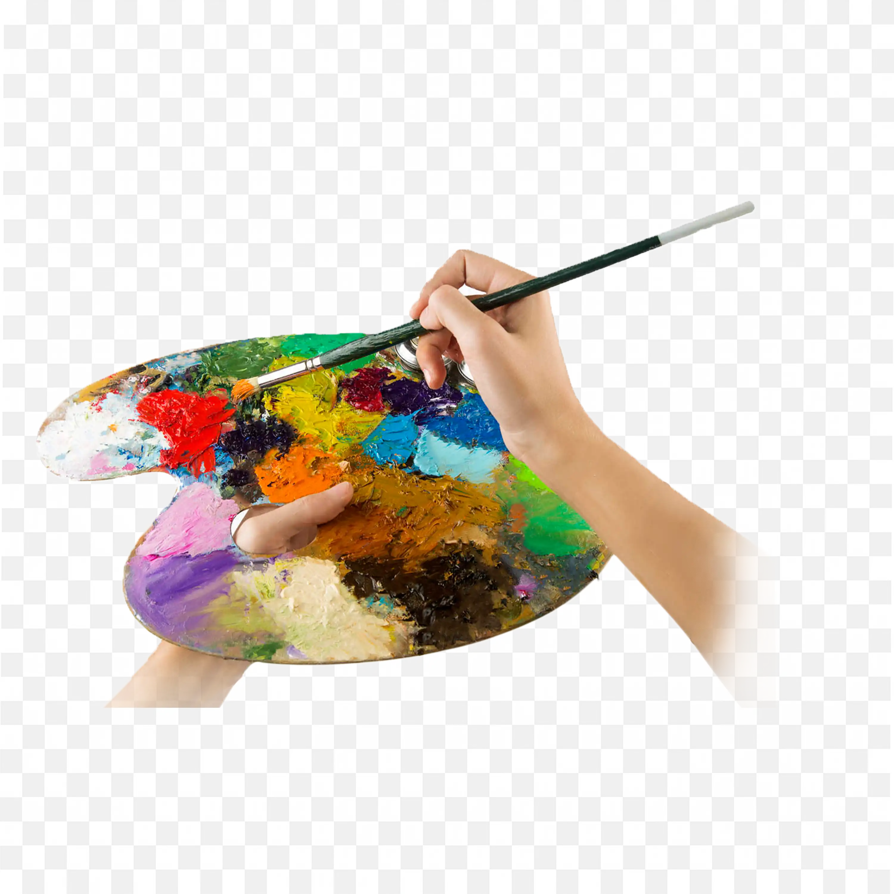 Hand Holding Paintbrush and Colourful Palette Art PNG