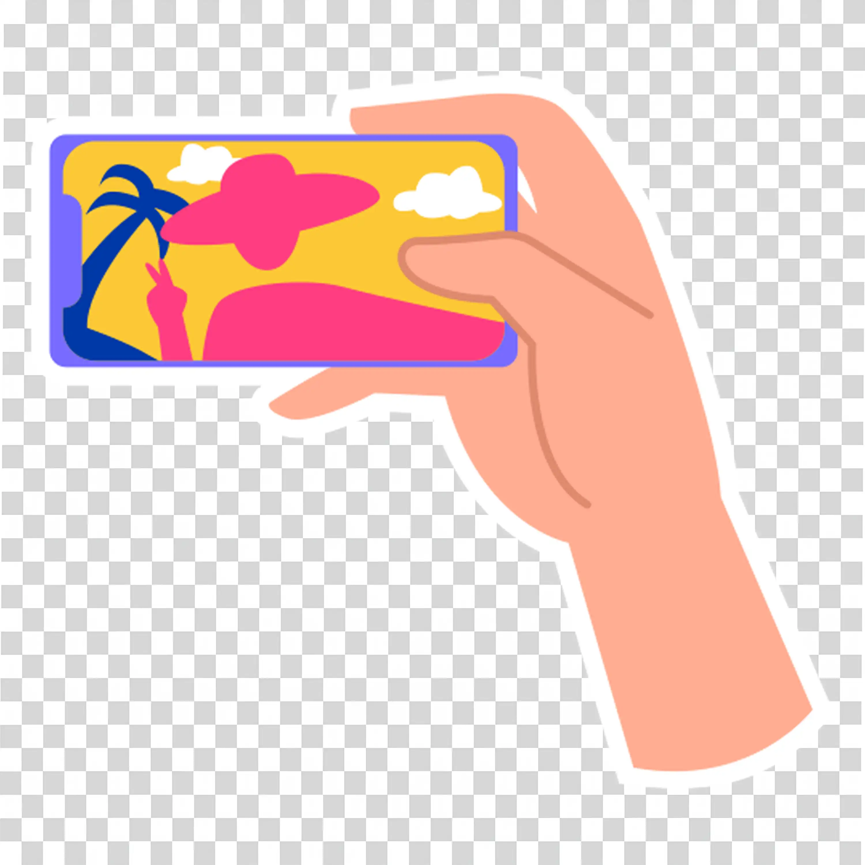 Hand holding phone taking selfie of happy couple PNG