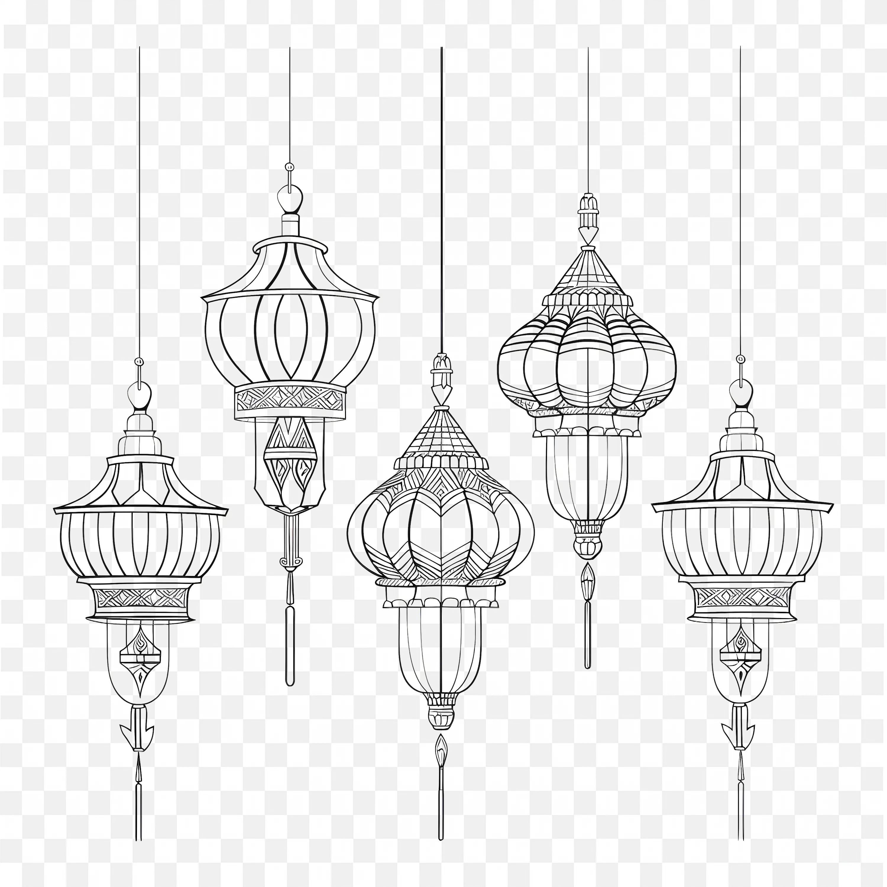 Hanging Lanterns Outlined in Elegant Sketch Style PNG