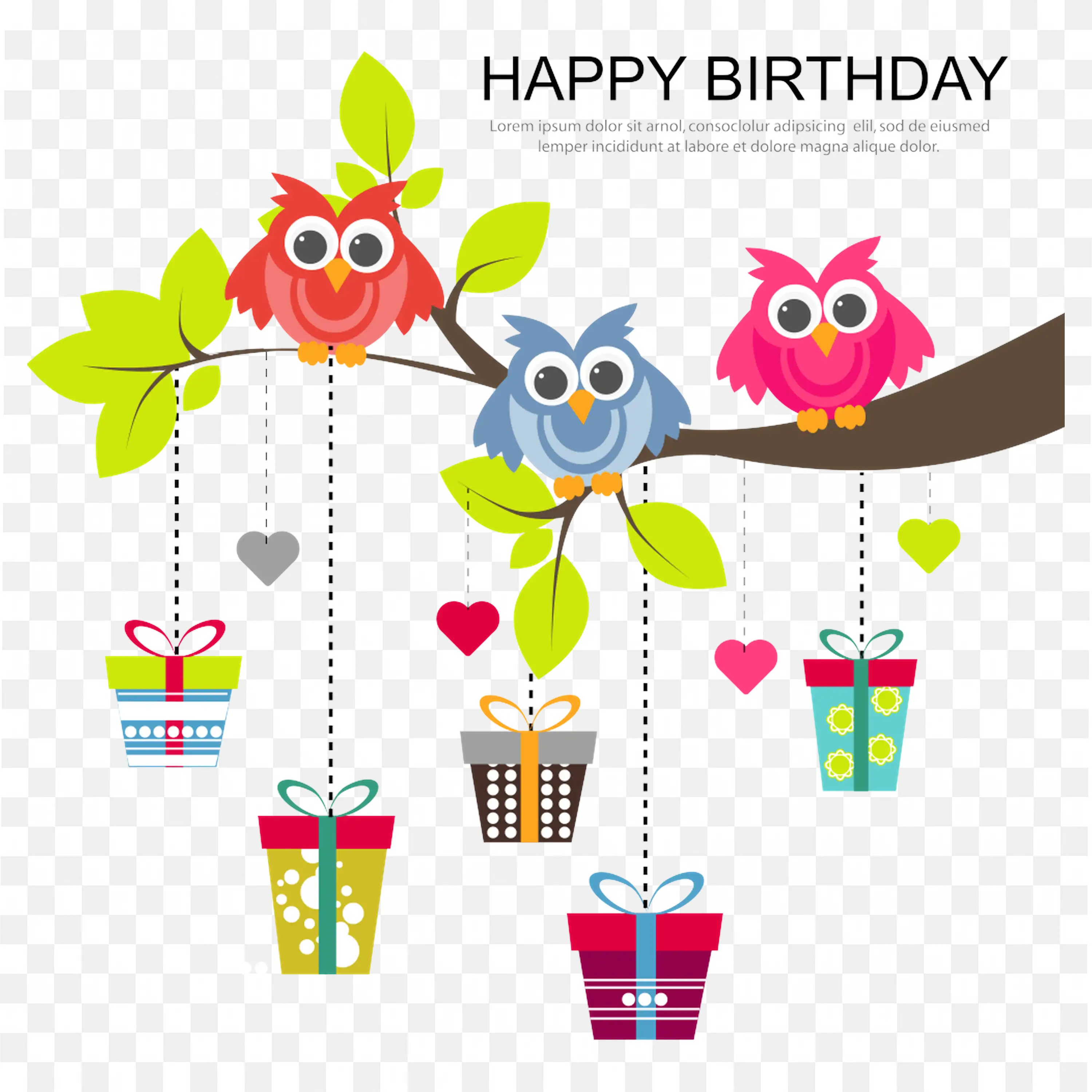 Happy Birthday Message with Owl and Gift Illustrations PNG