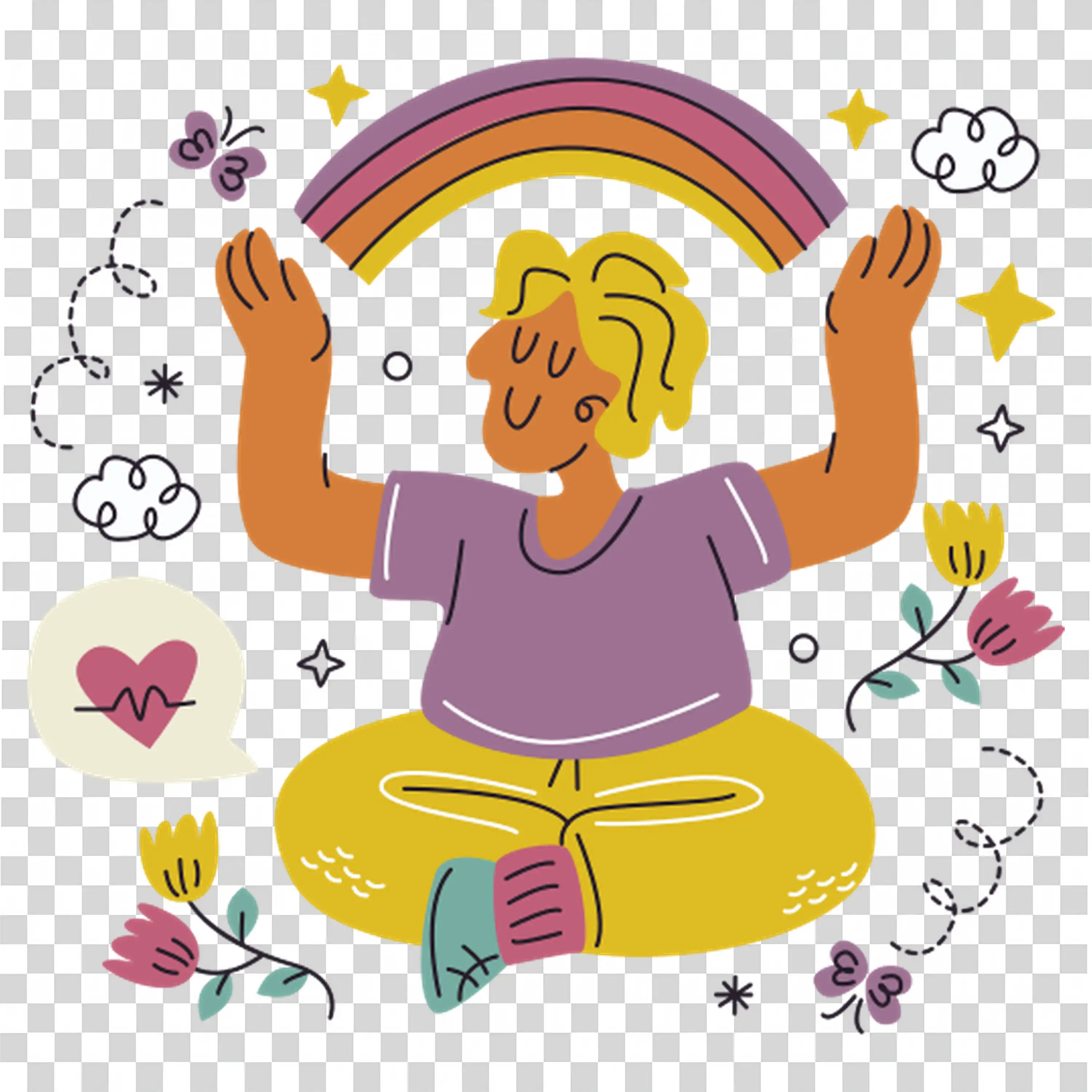 Happy child with rainbow and confetti in celebration