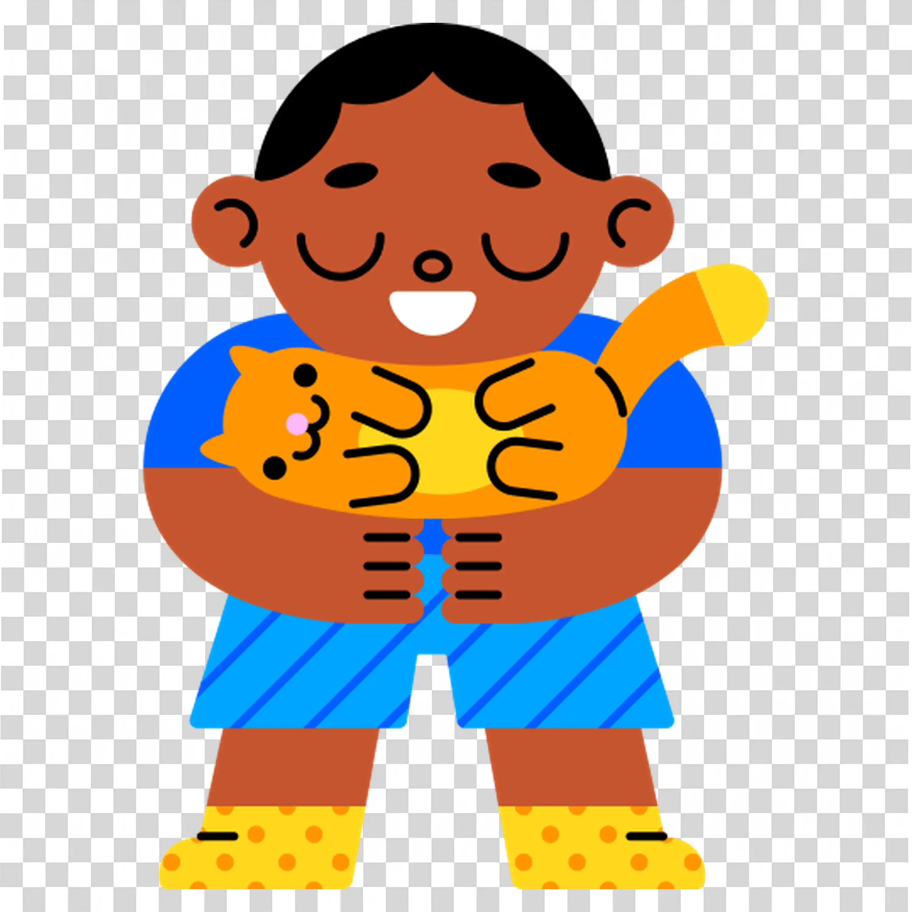 Happy man hugging cat wearing bright orange shirt PNG
