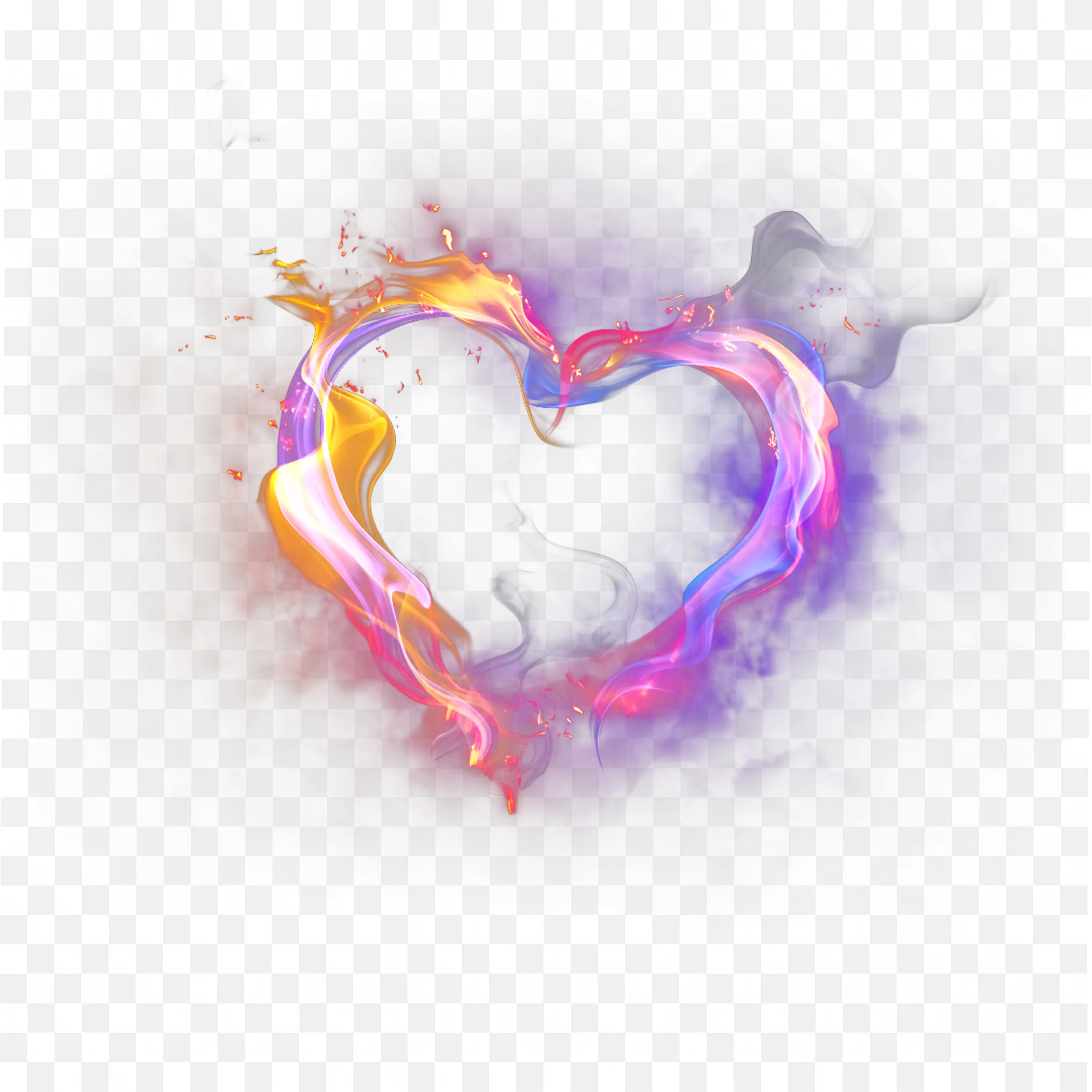 Heart Shape Fire Flame with Glowing Smoke on White PNG