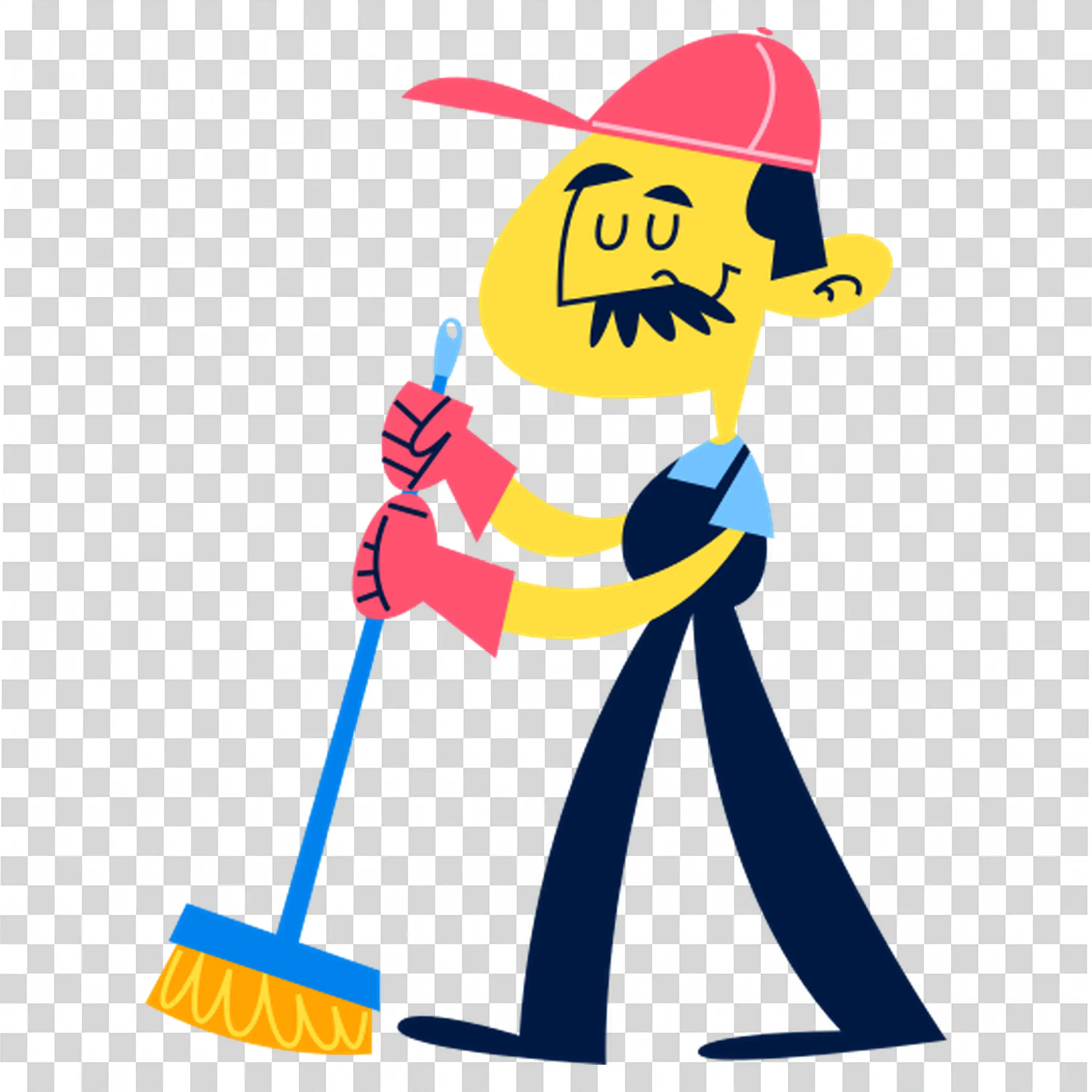 Janitor in yellow uniform pushing cleaning cart free PNG