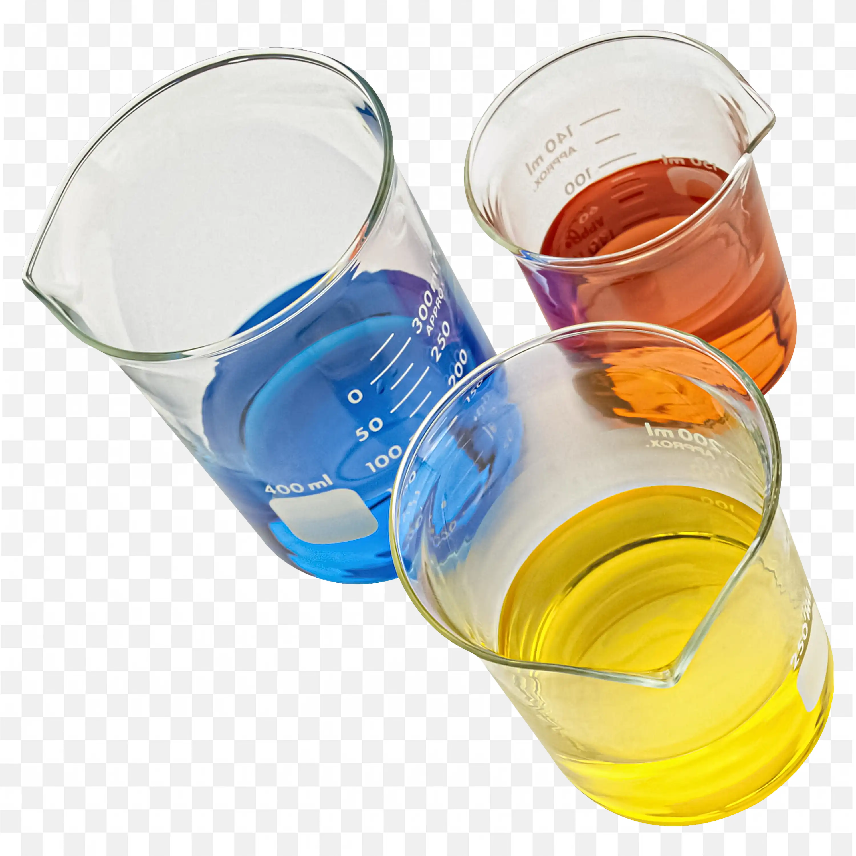 Laboratory Beakers Filled with Colourful Chemical Liquids