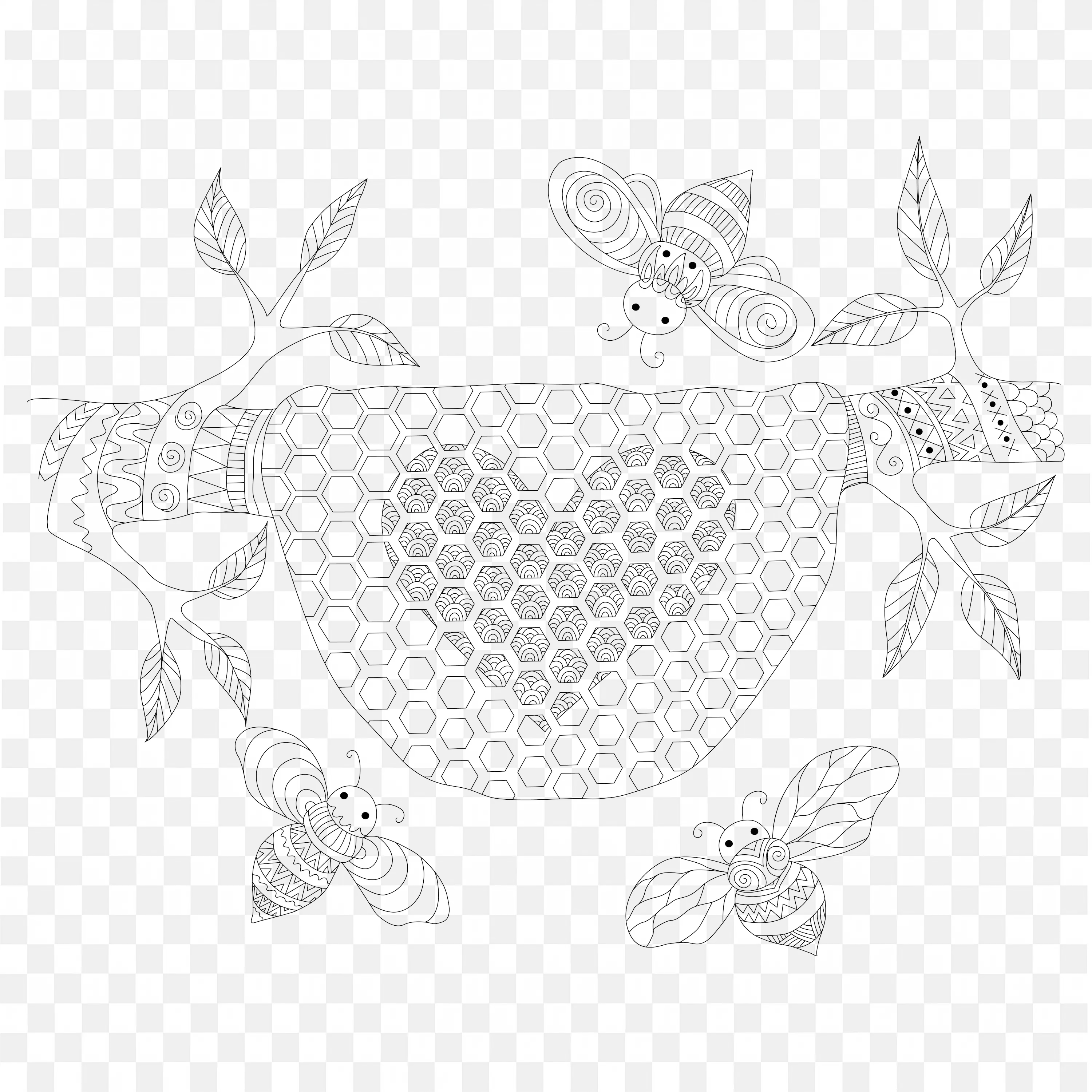 Line Drawing of Nature with Leaf and Honeycomb Free PNG