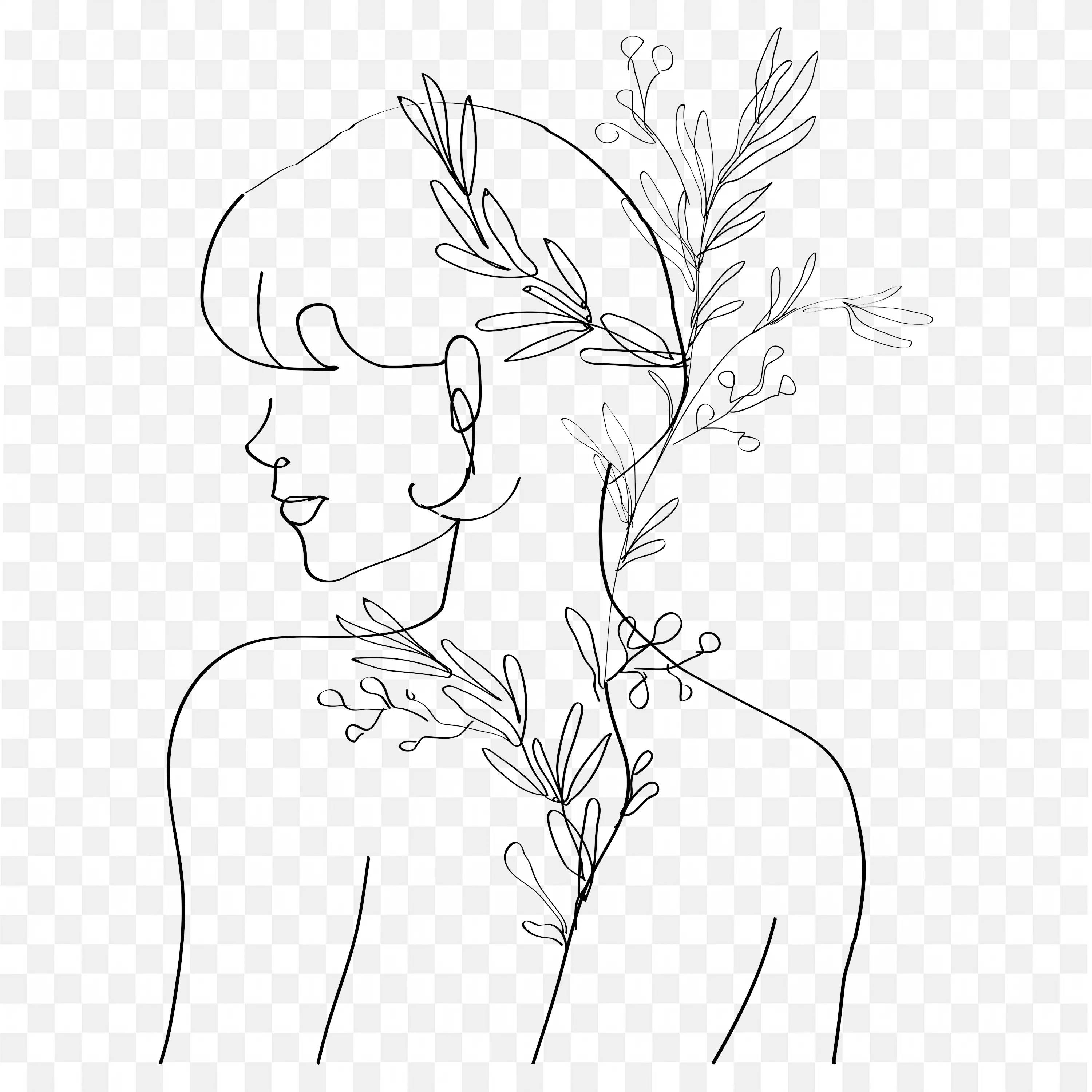 Line Drawing of Women with Leaves Growing From Back PNG