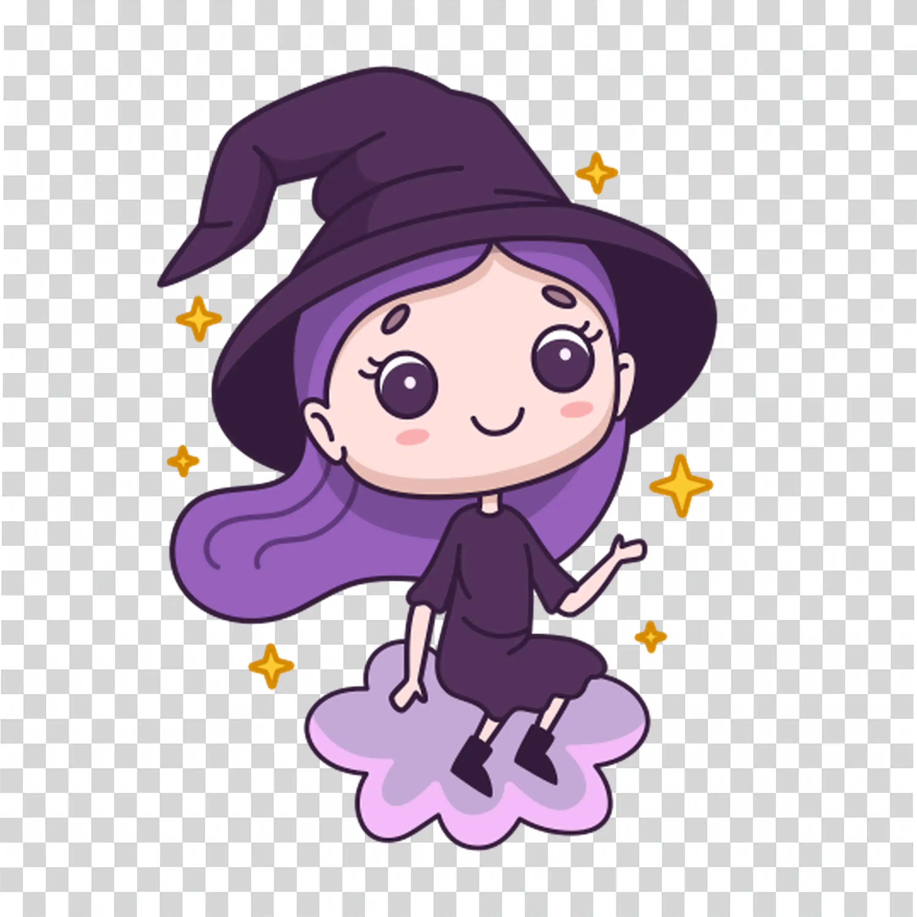 Magical Witch Character Sitting on Cloud with Sparkles