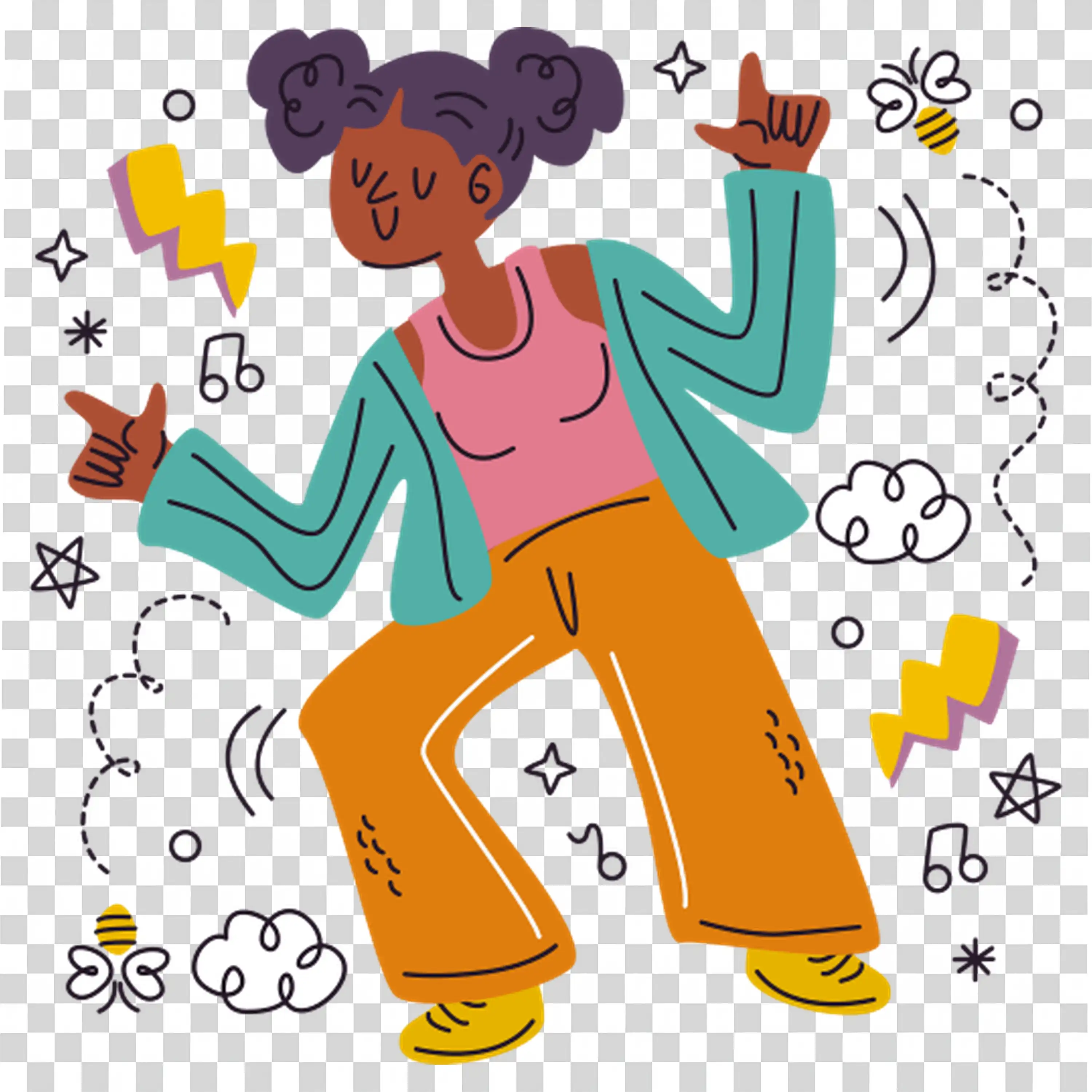 Man dancing happily with joyful music notes around him
