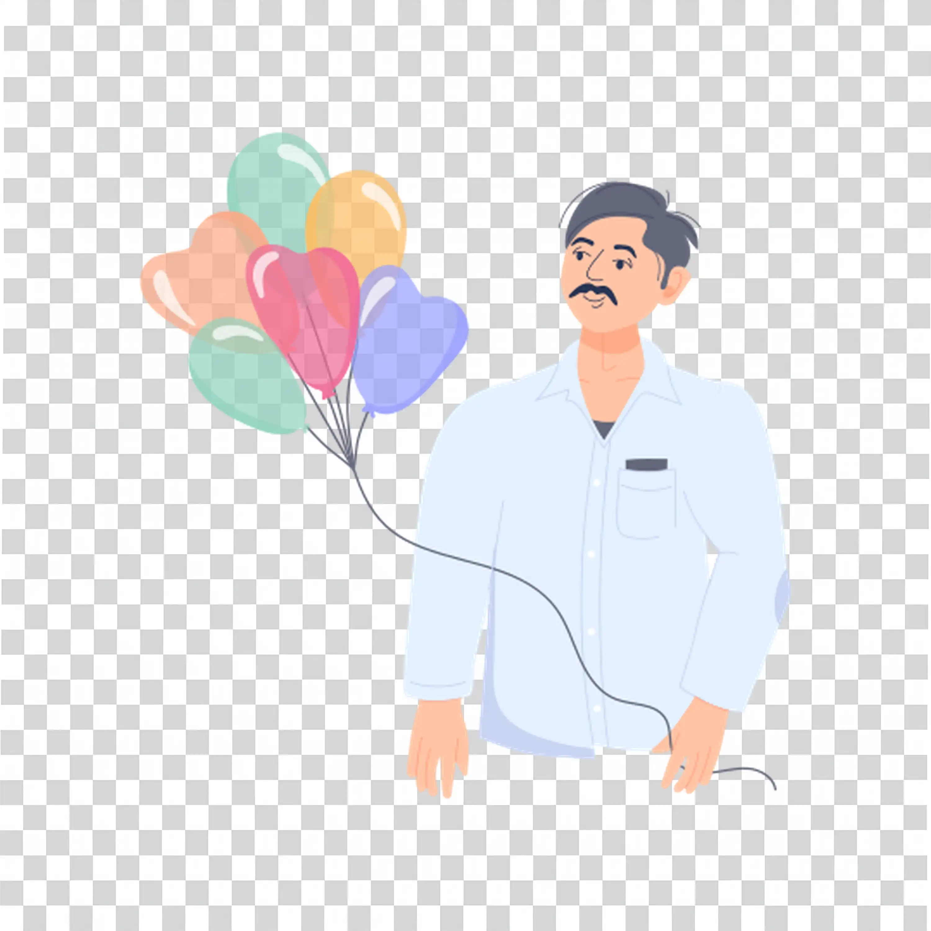 Man holding balloons wearing light suit and smiling gently