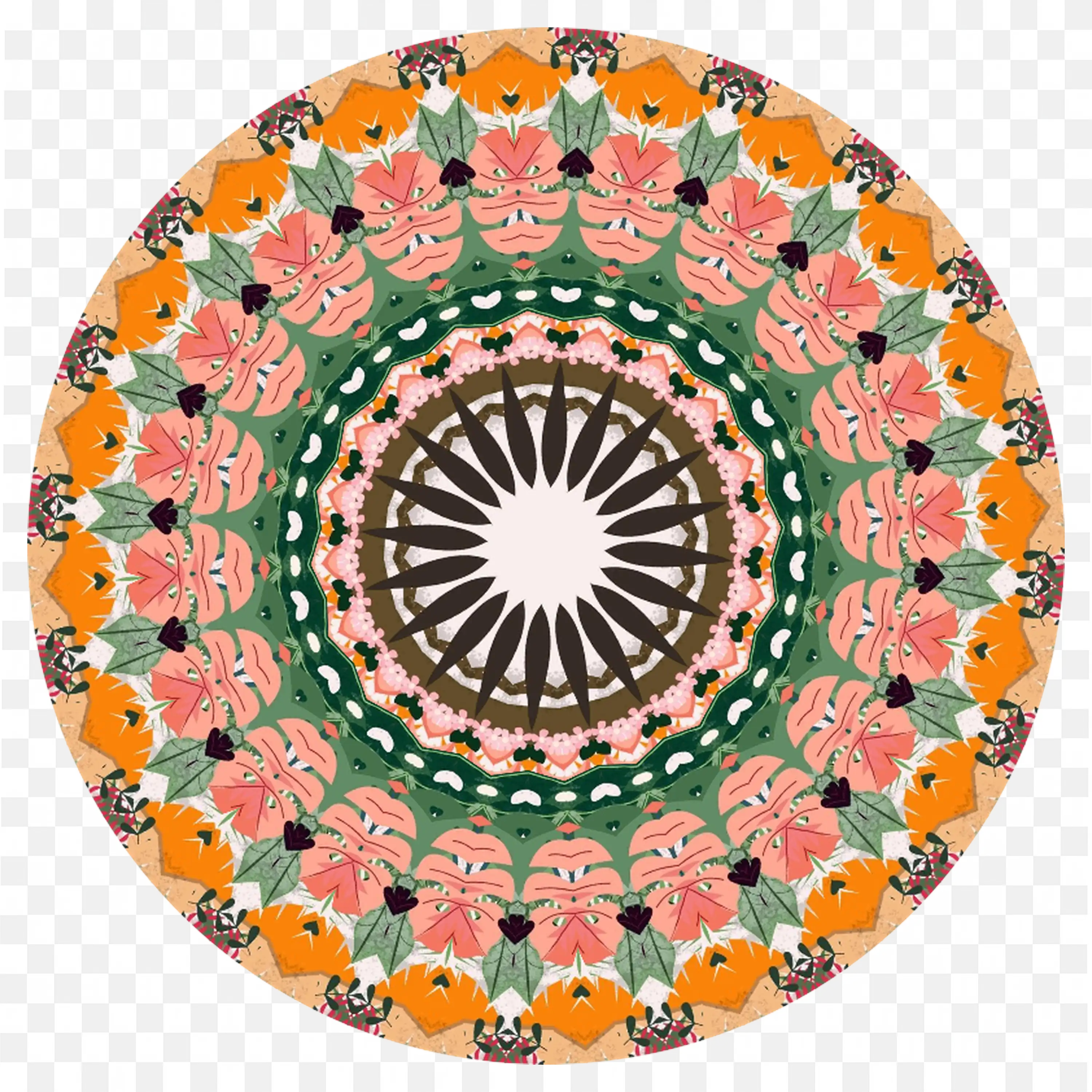 Mandala Pattern with Pink Flowers Green Leaves and Orange