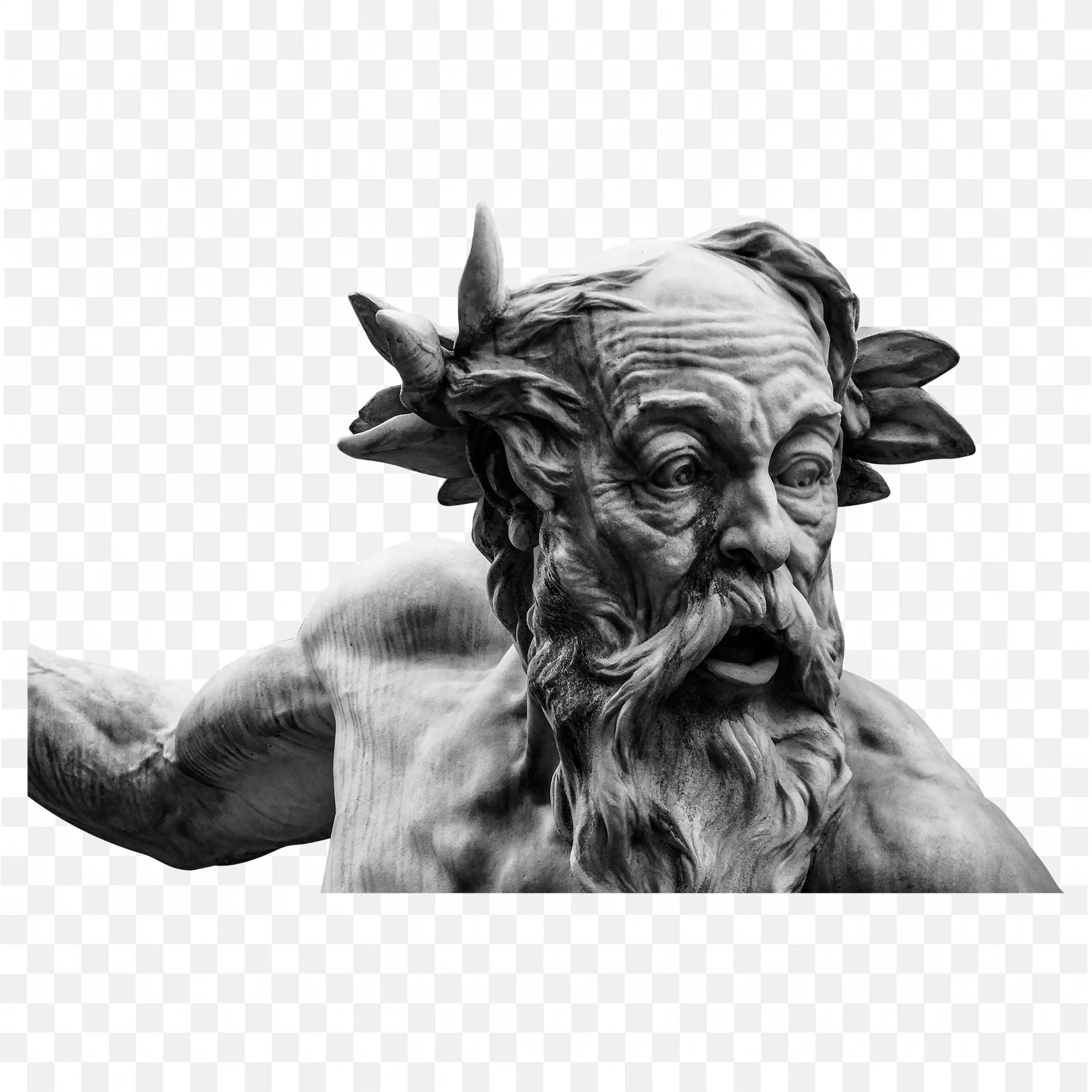 Marble Statue of Neptune with Expressive Face and Pose PNG