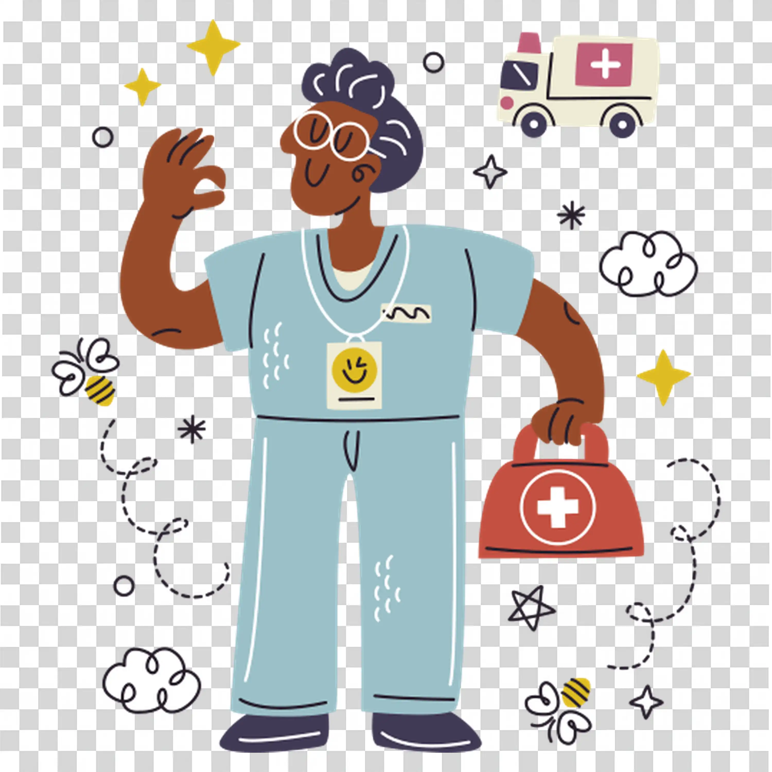 Medical figure with a calm expression and lab coat