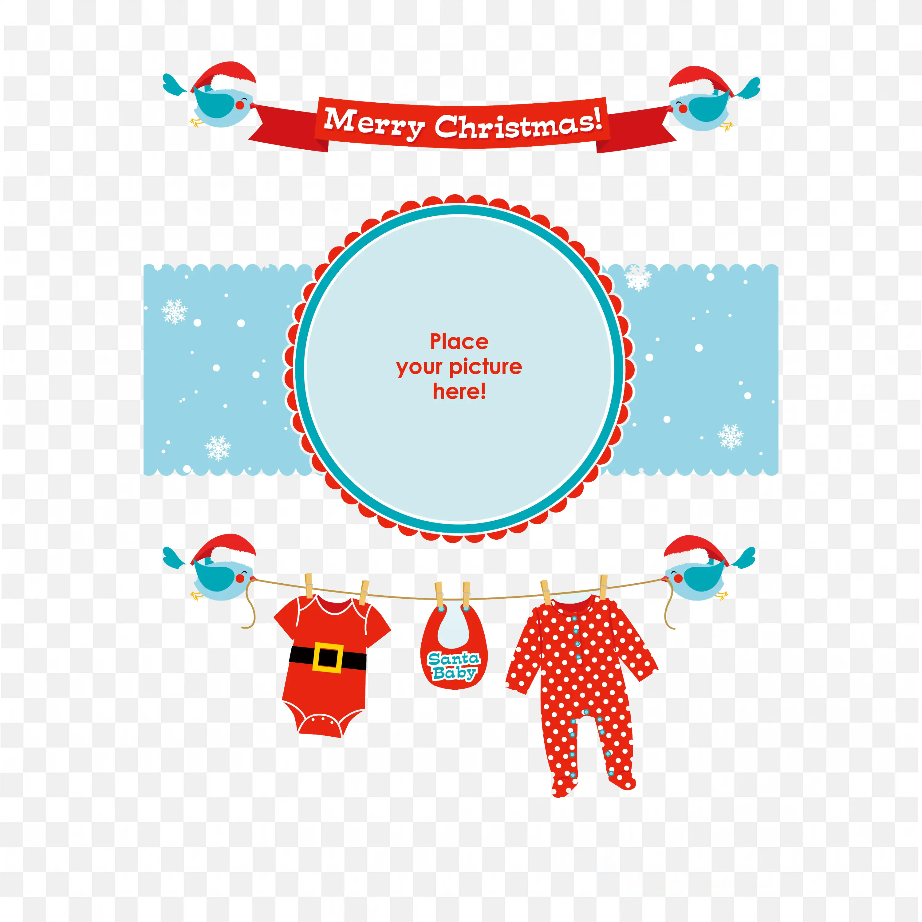 Merry Christmas Frame with Baby Clothes and Snowflakes PNG