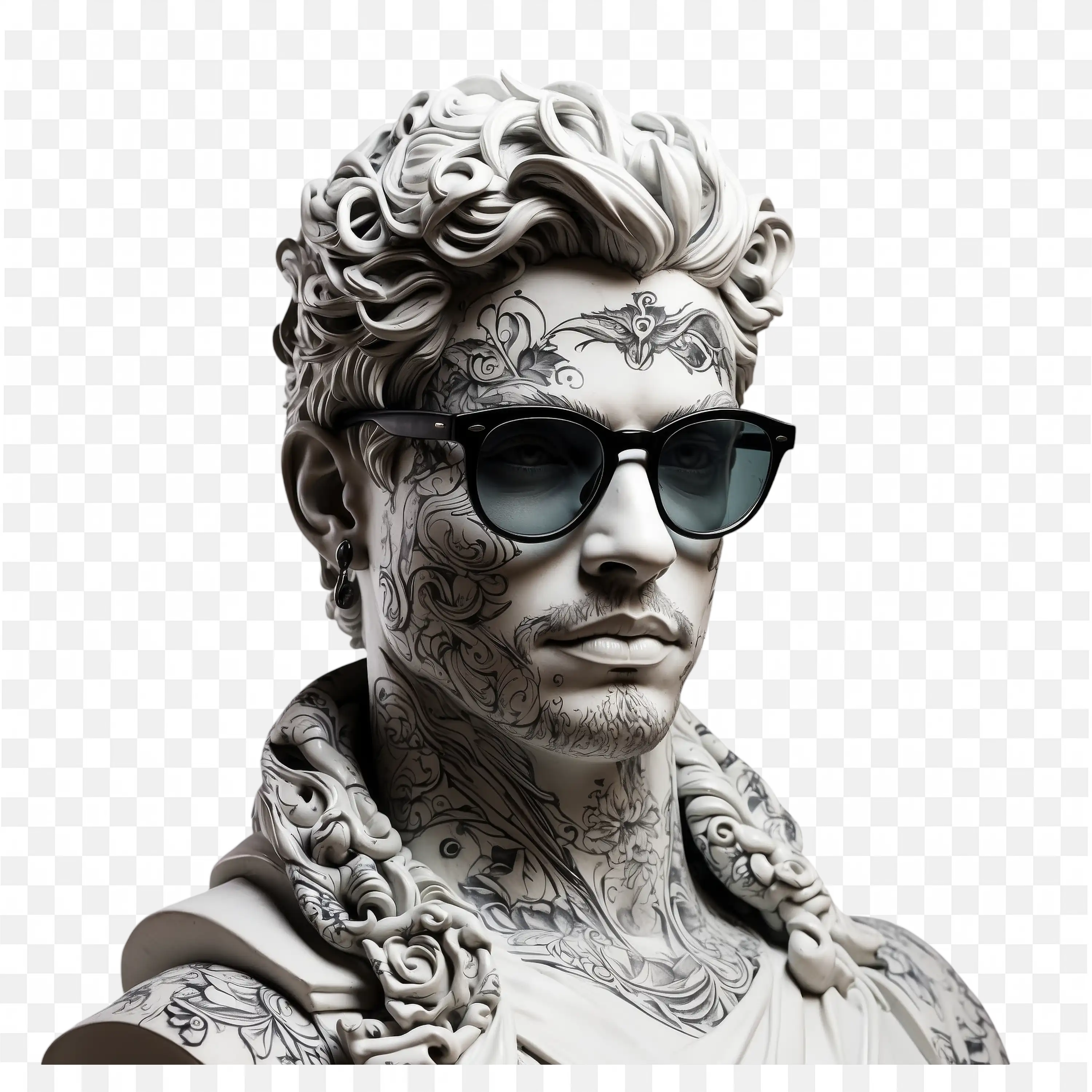 Modern Statue with Glasses and Detailed Tattoos Free PNG