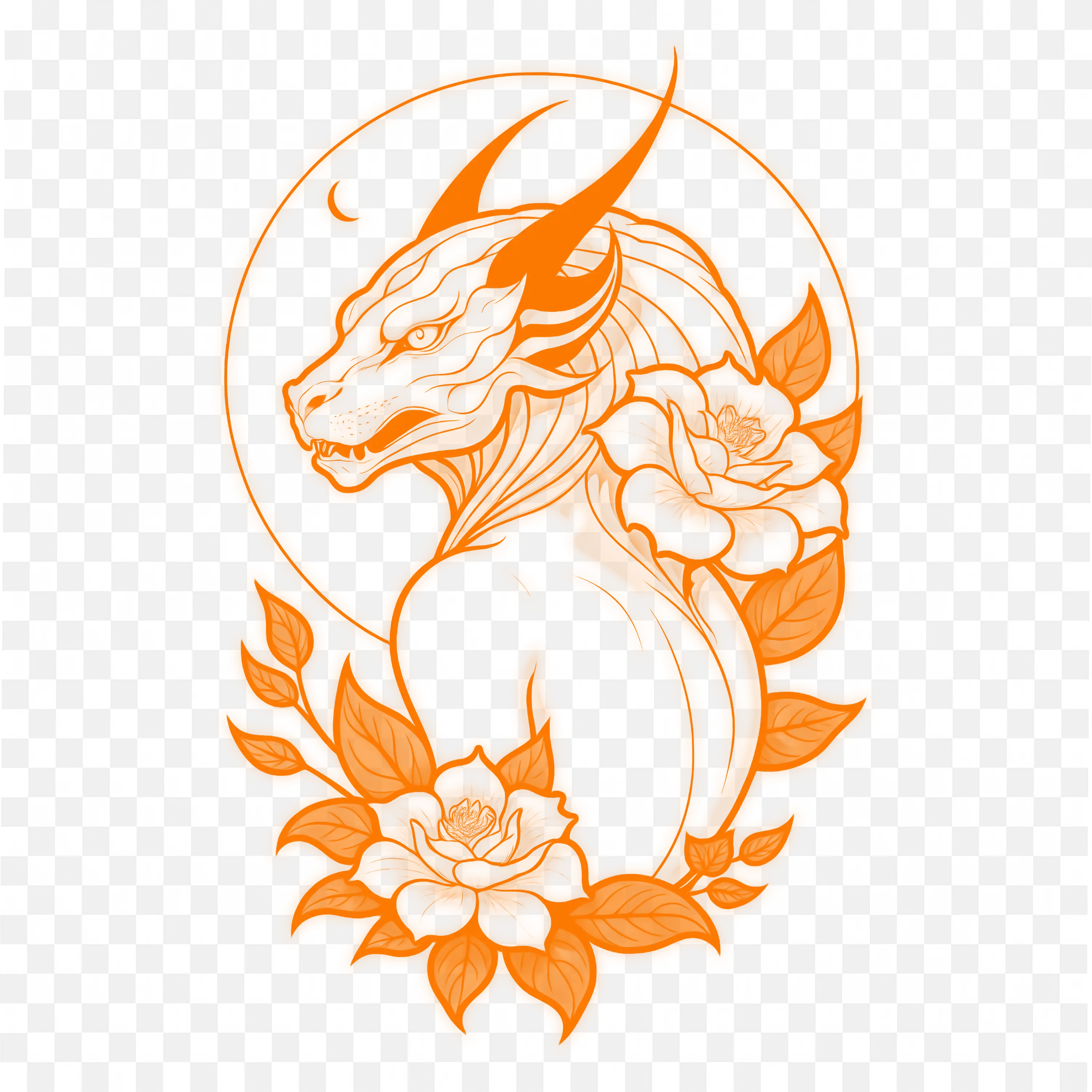 Orange Dragon Head with Flowers and Moon Art Free PNG