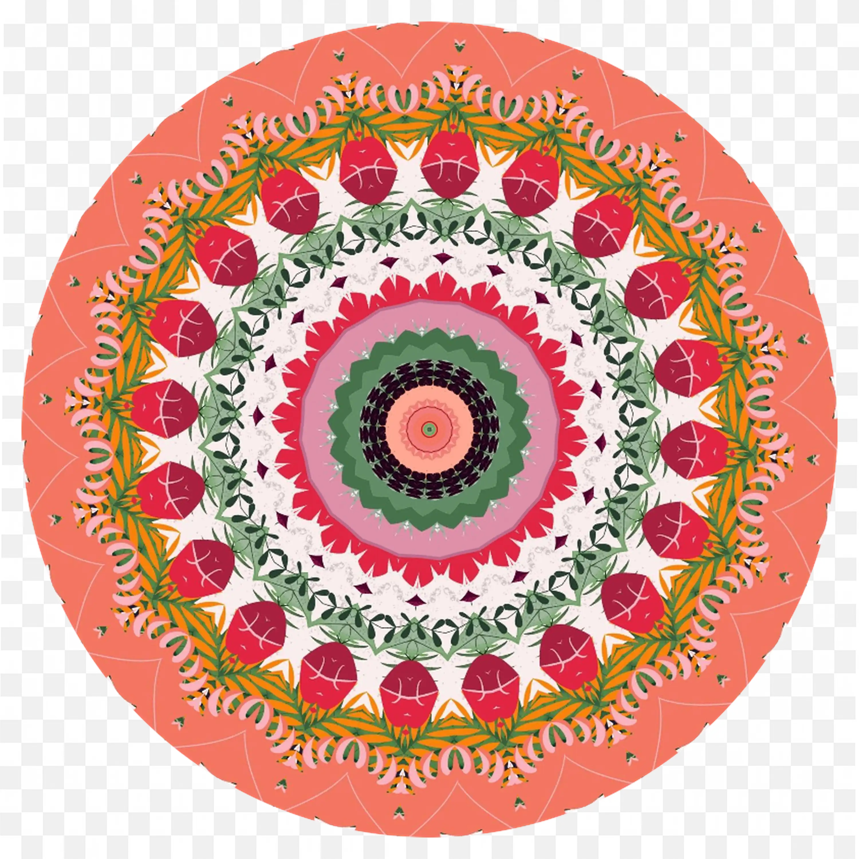 Peach Mandala Pattern with Red and Green Floral Design