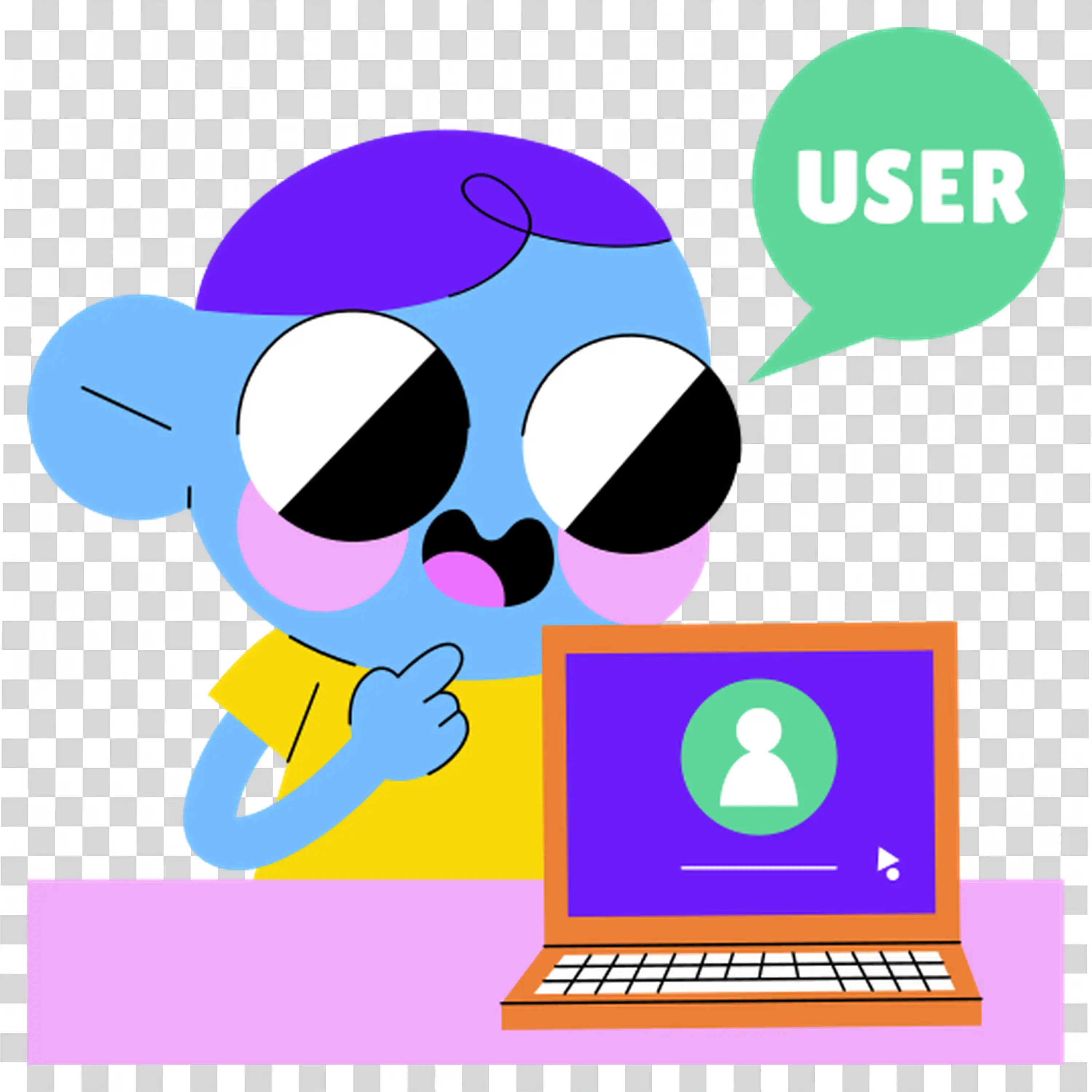 Person in glasses working on a computer with animated icons