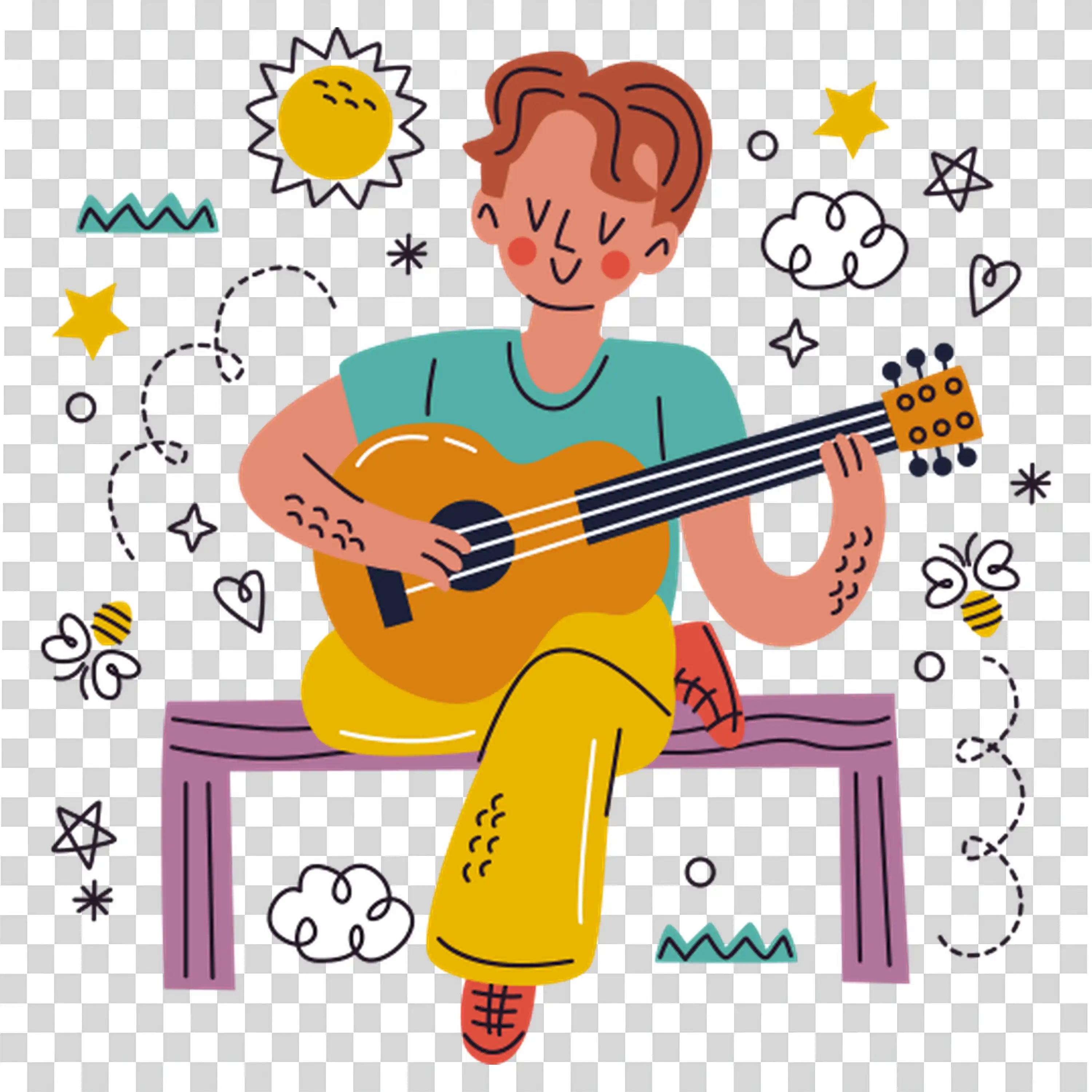 Person sitting at a desk surrounded by creative elements
