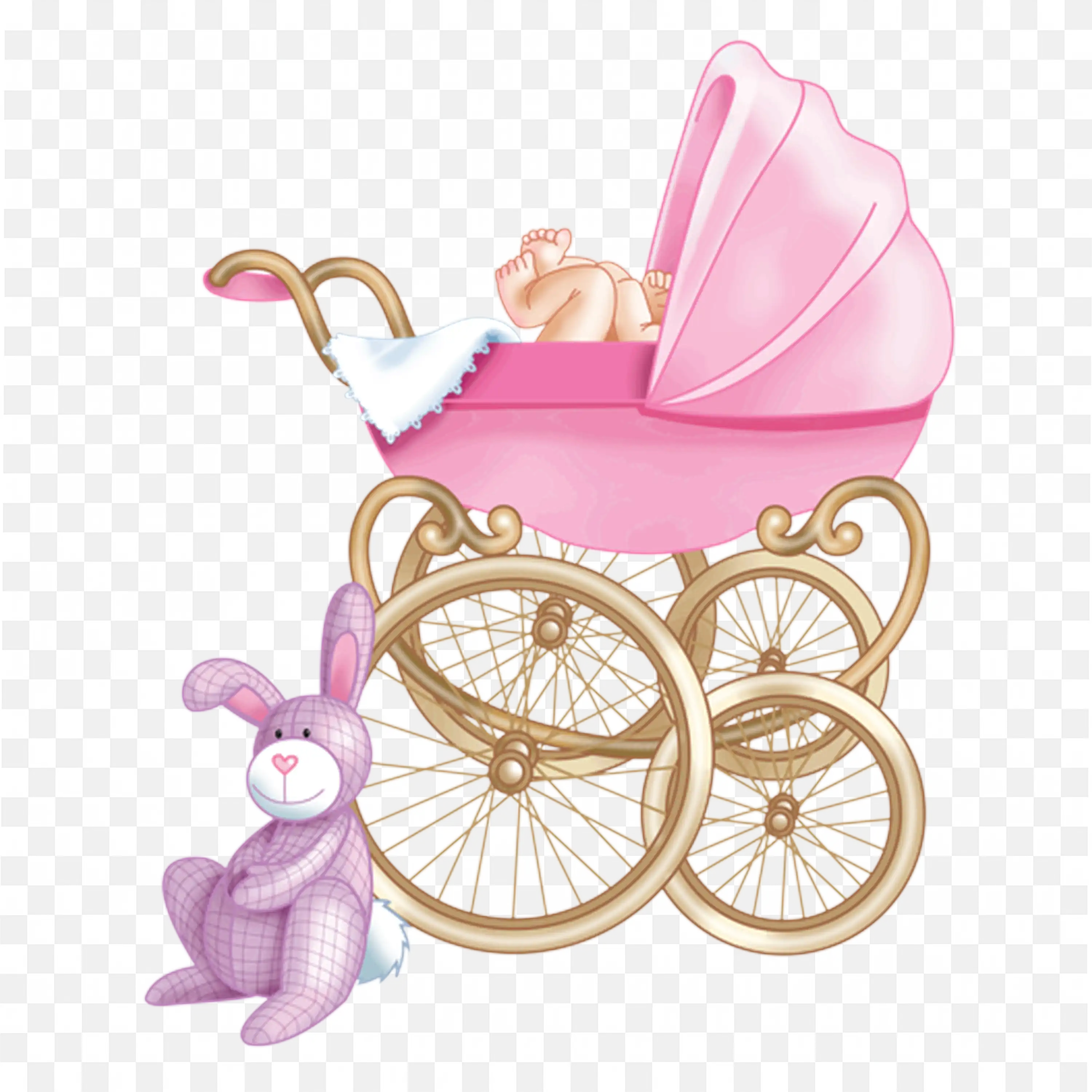 Pink Baby Stroller with Bunny and Blanket Clip Art PNG Image
