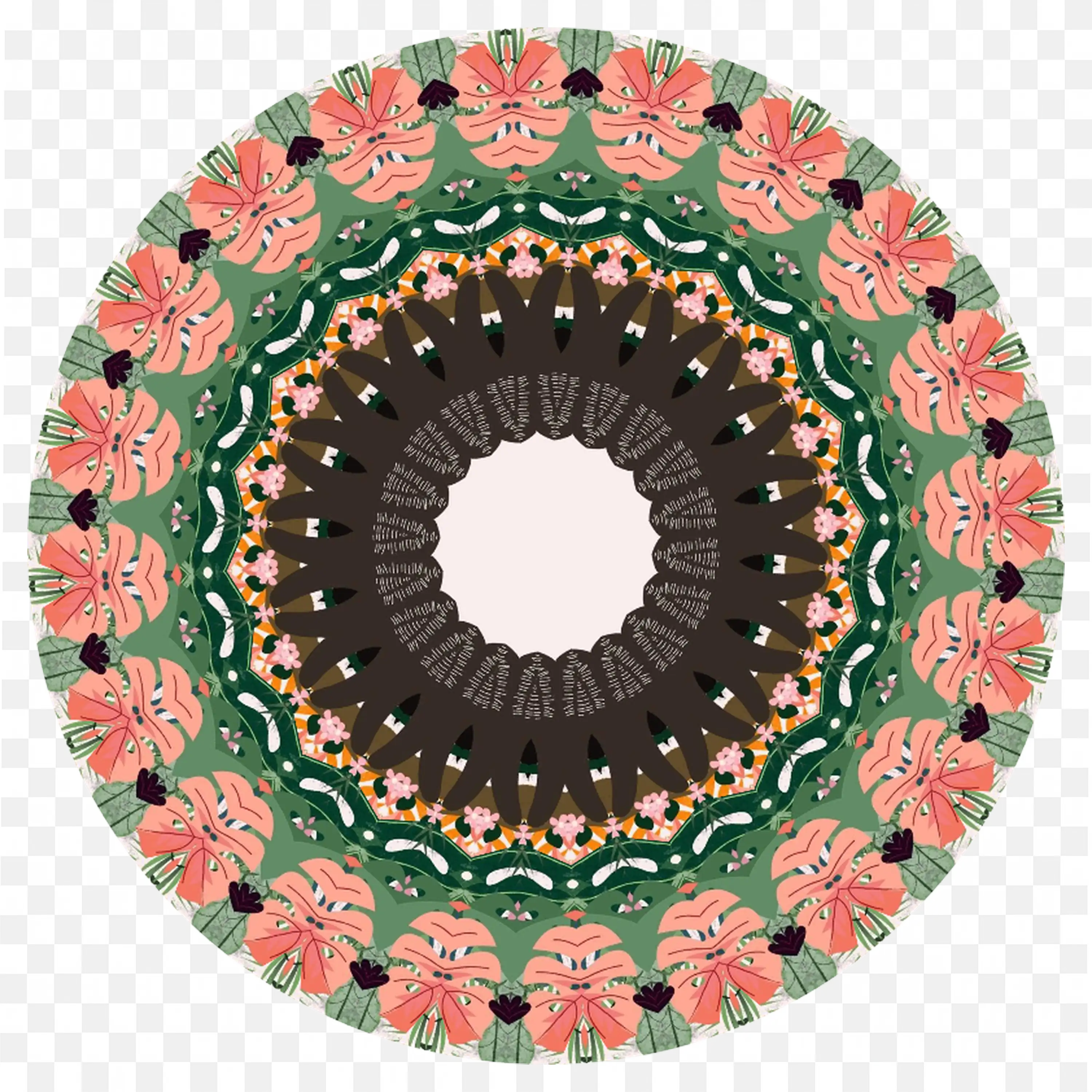 Pink Floral Mandala Pattern with Green Leaves PNG