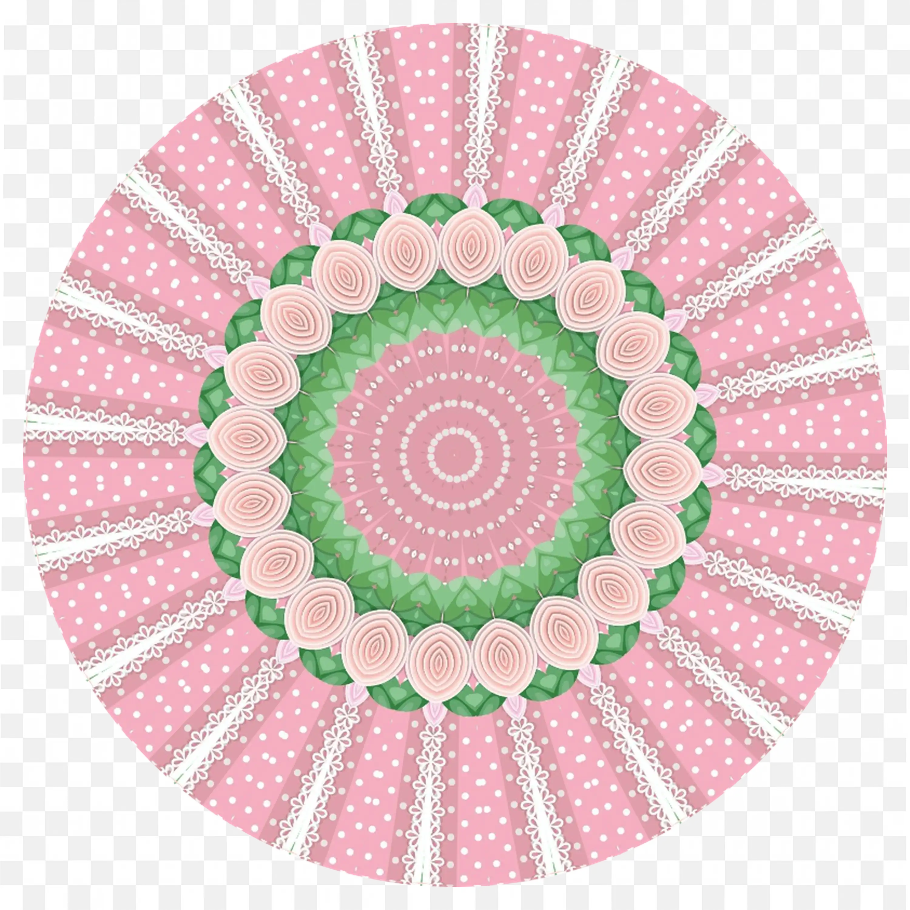 Pink and Green Floral Mandala with Roses and Polka Dots PNG