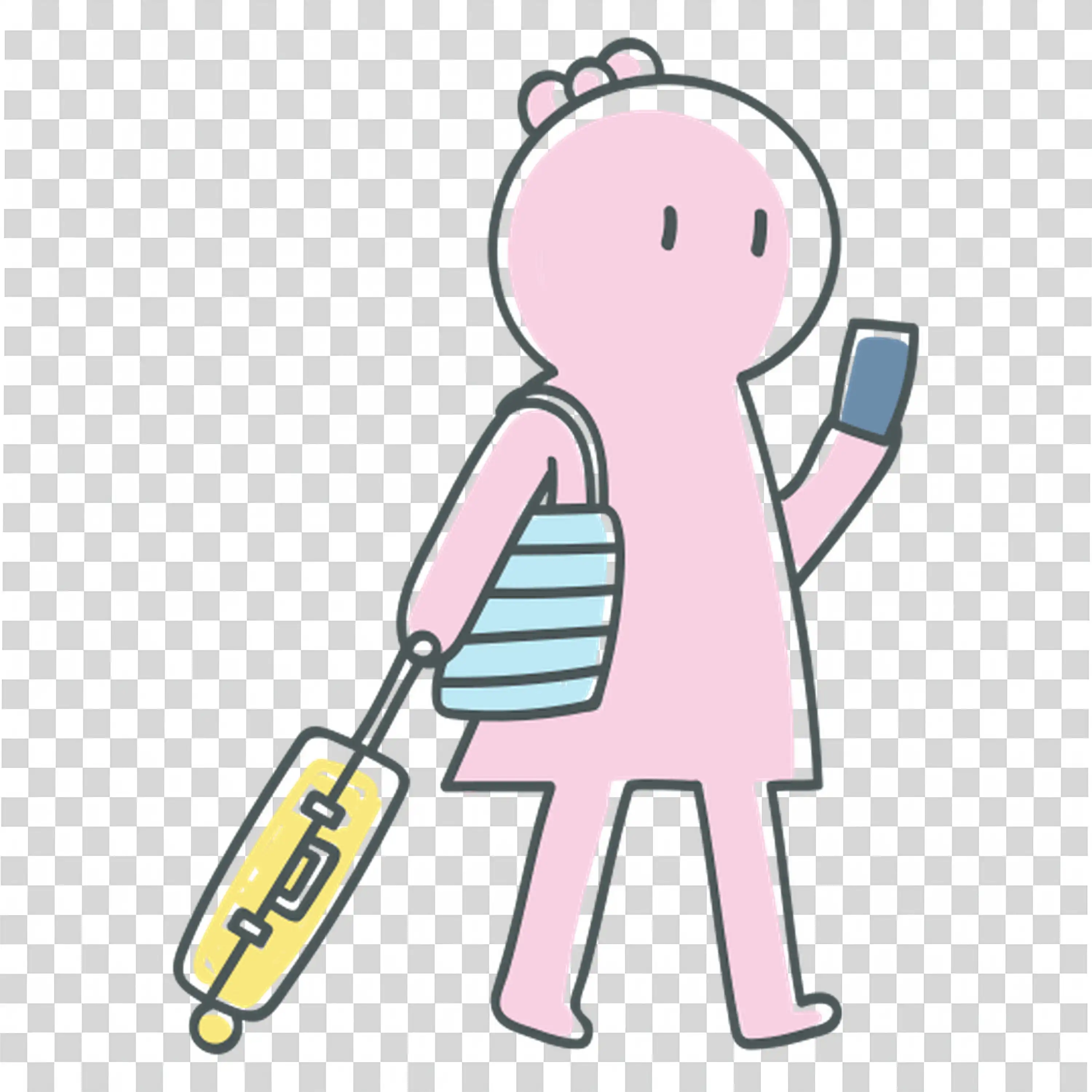 Pink humanoid figure with suitcase ready for travel