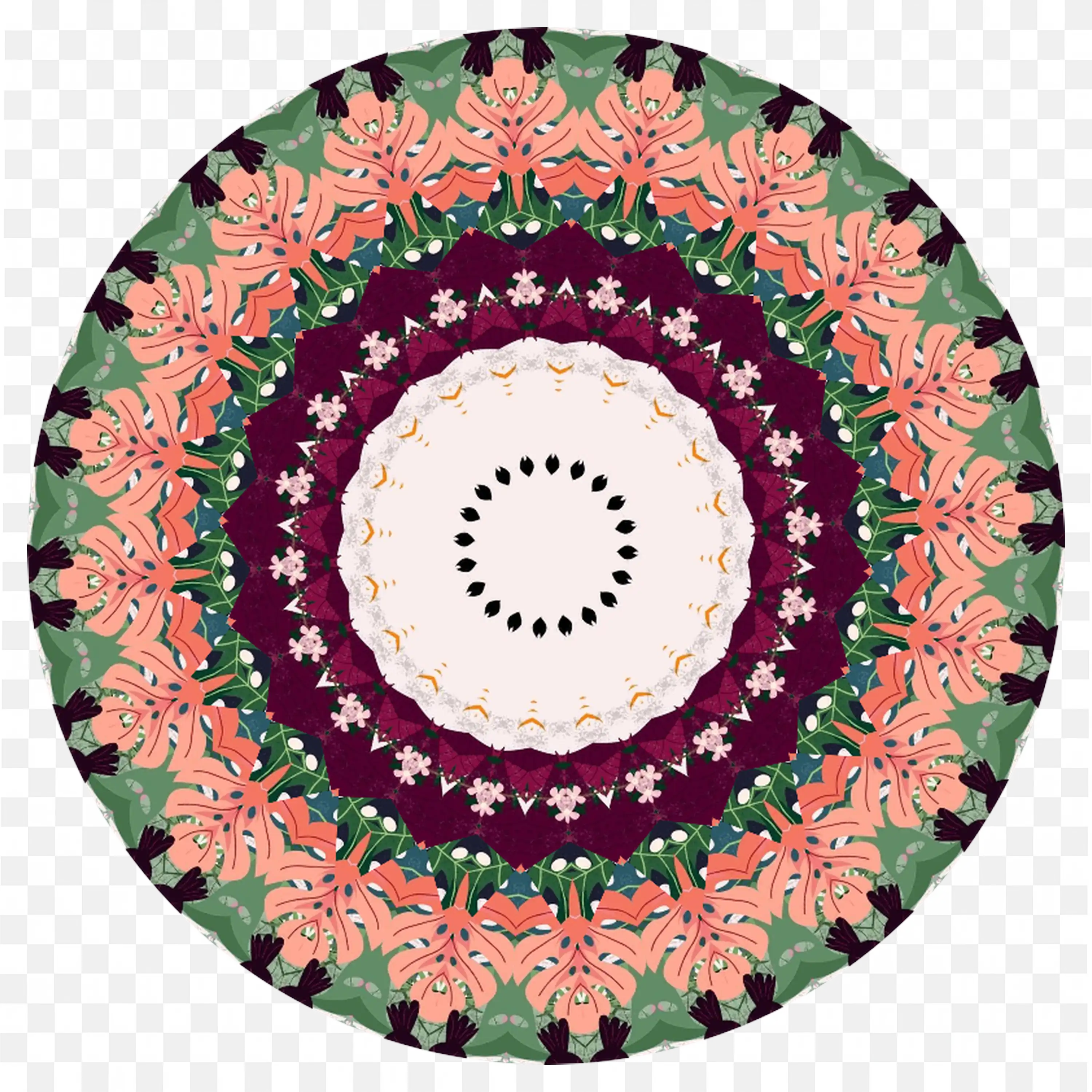 Pink and Purple Floral Mandala with Green Leaf Details PNG