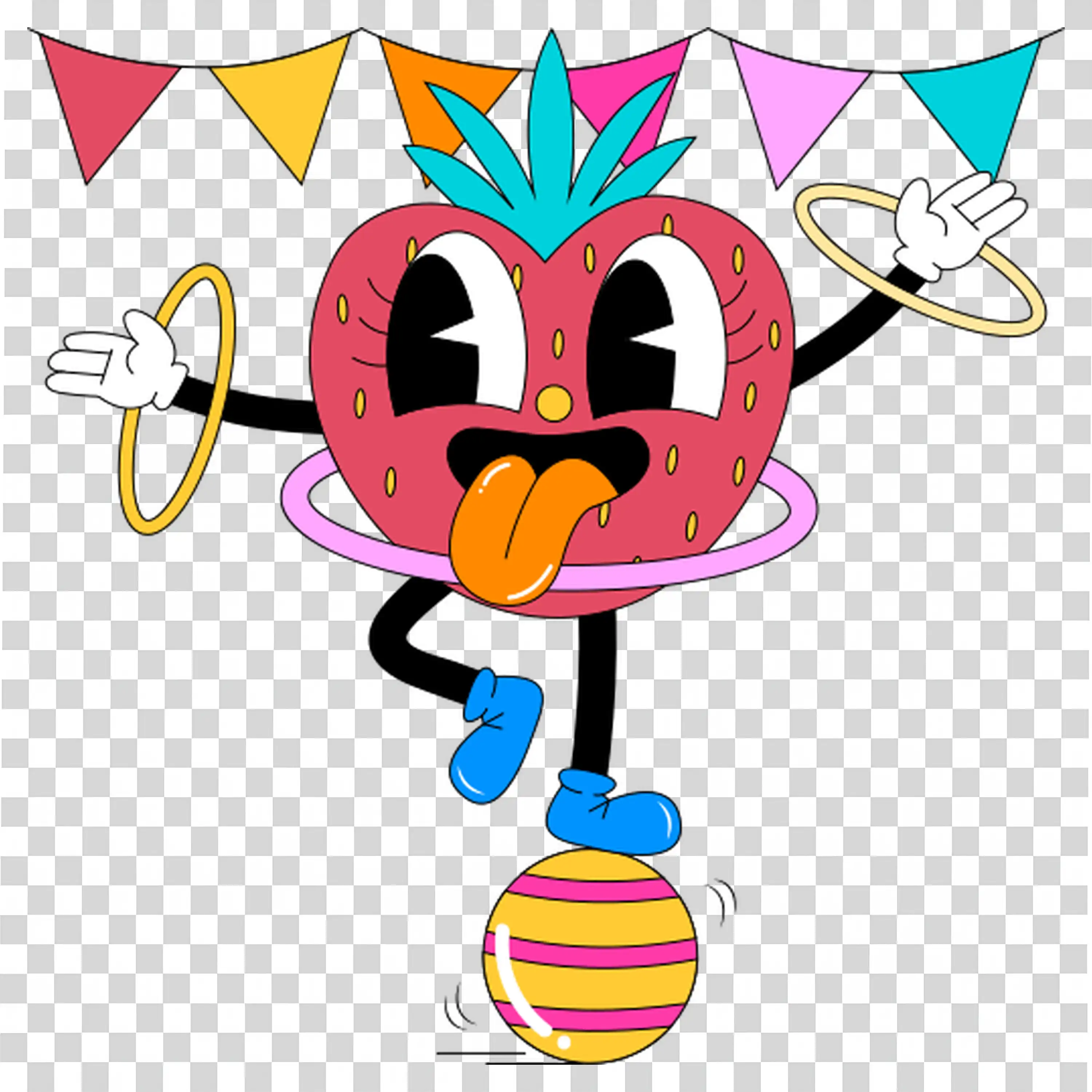 Playful cartoon character in festive mood holding colorful