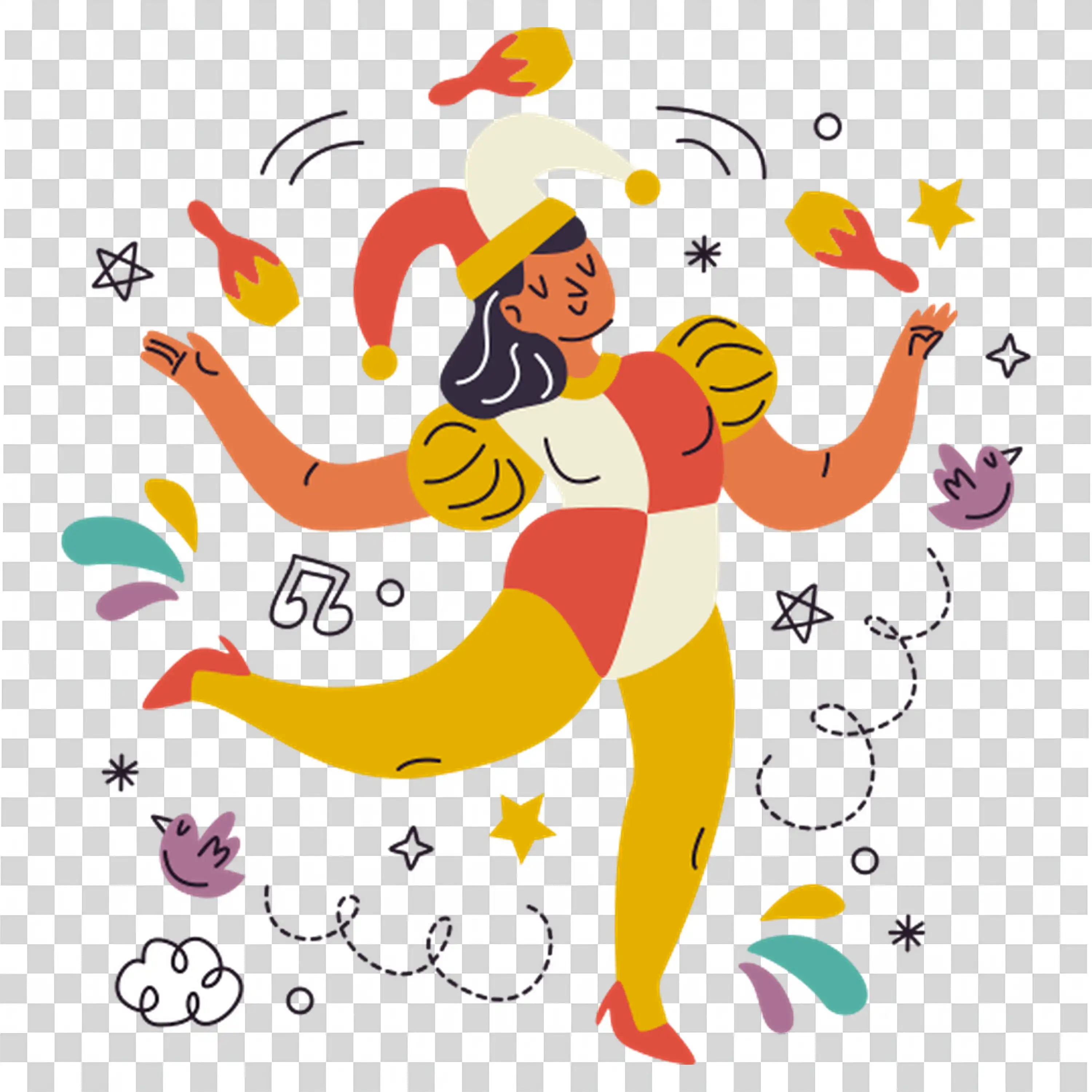 Playful character expressing joy with spiral effects