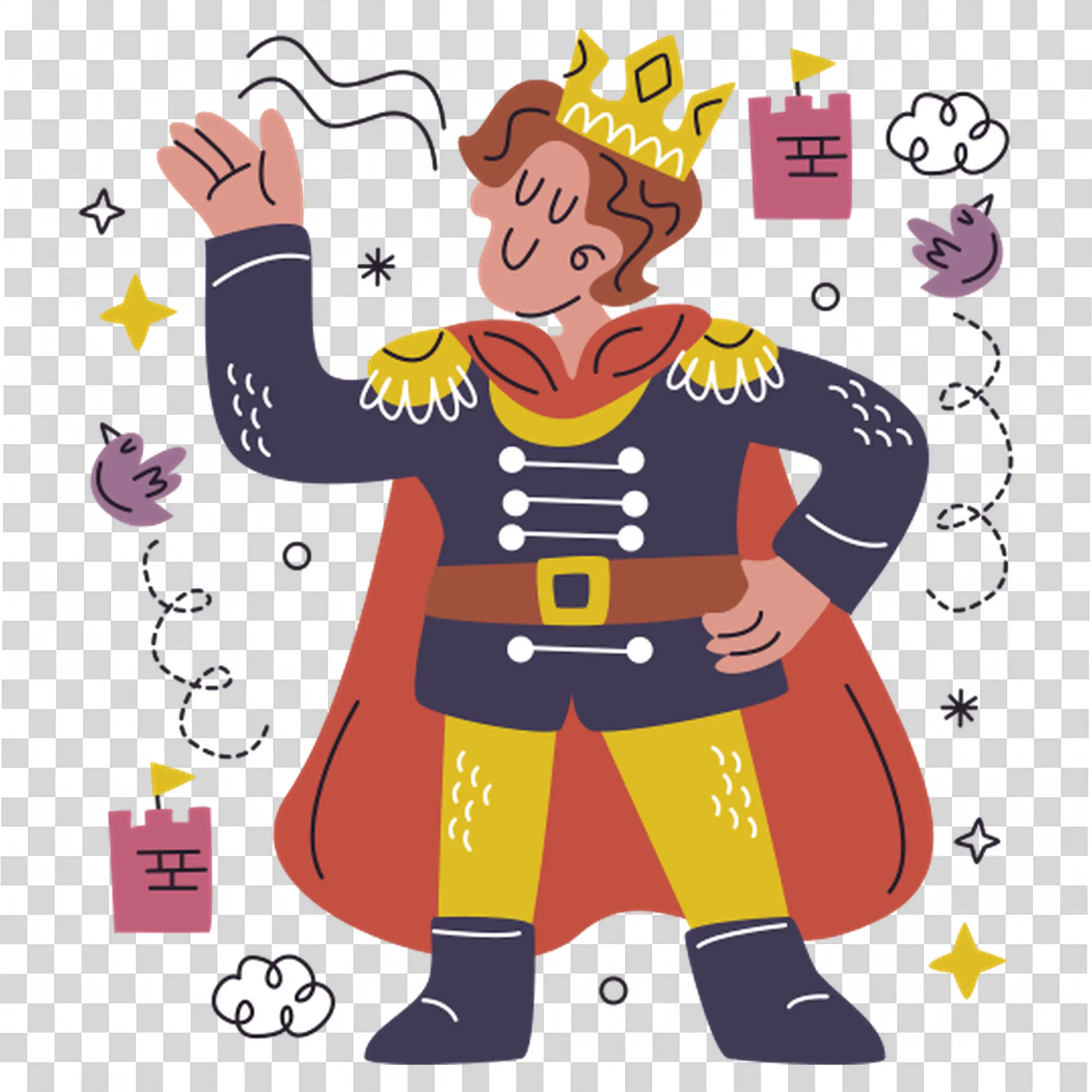 Playful King with Crown Surrounded by Magical Elements