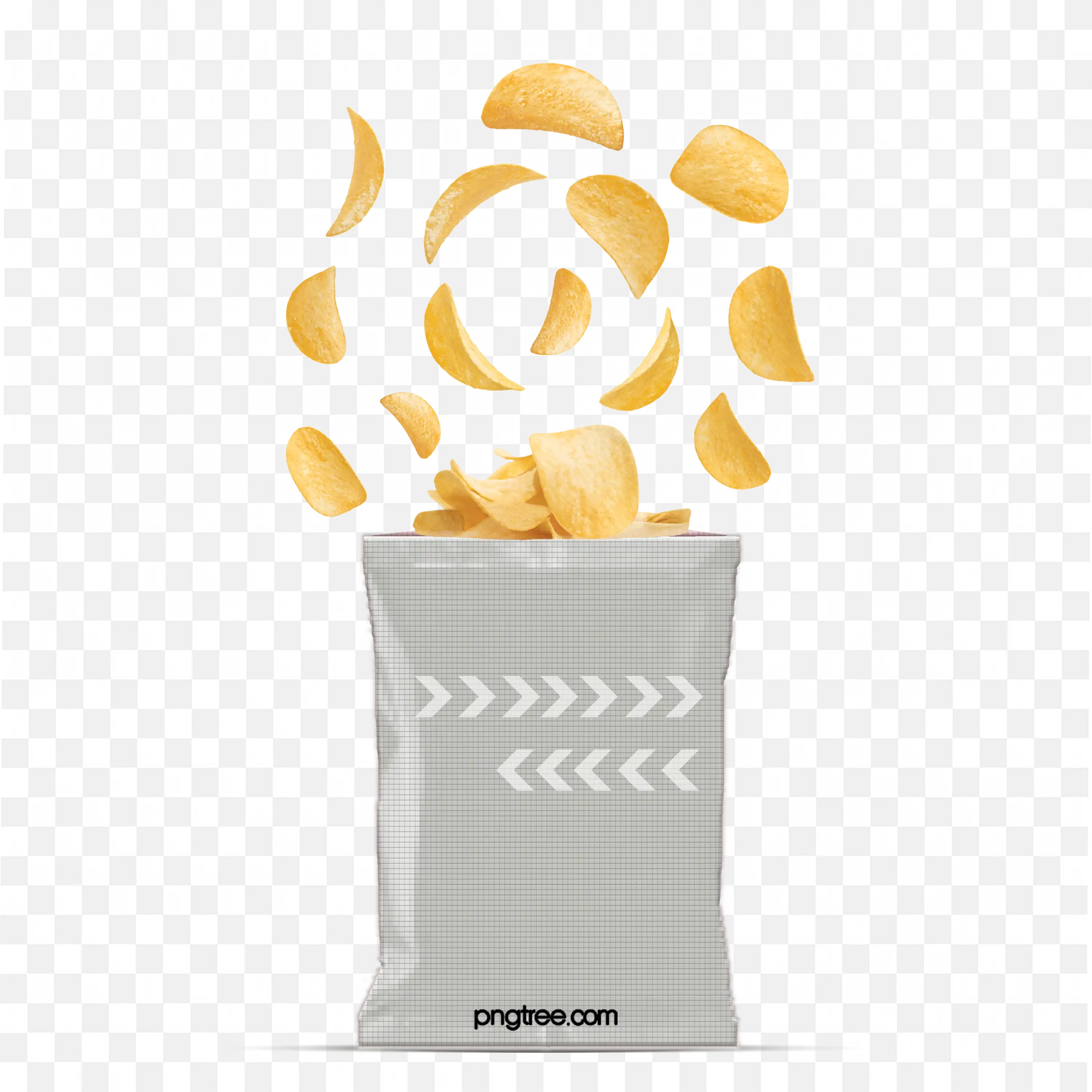 Potato Chips Flying Out of an Open Snack Pack Bag PNG