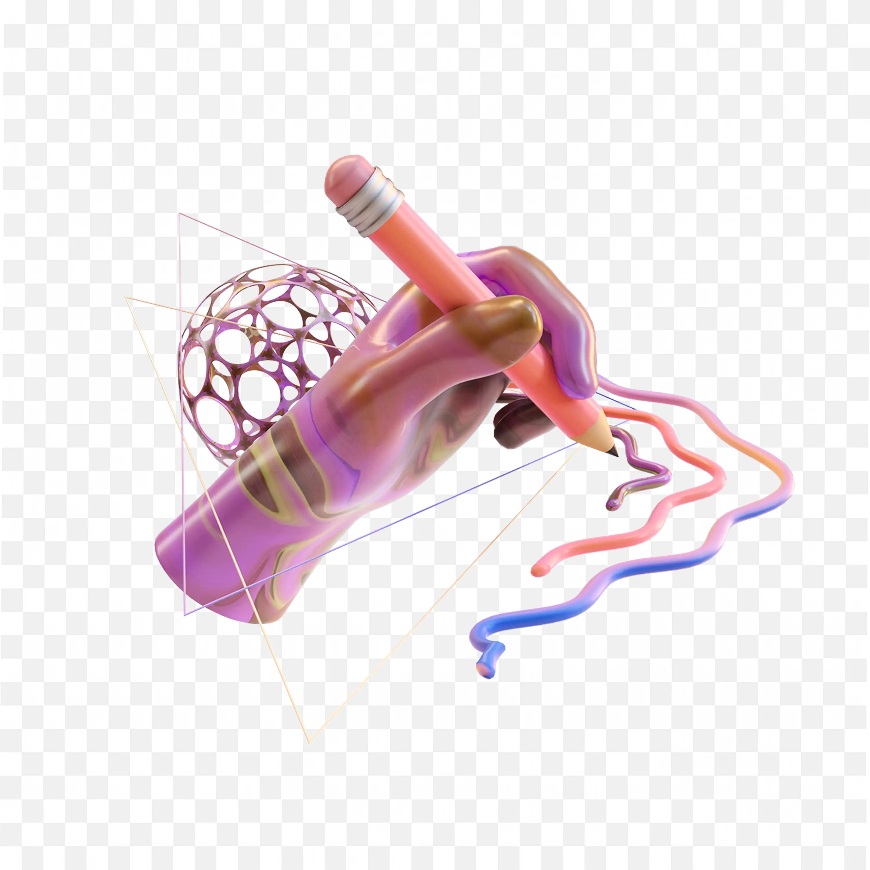 Purple Hand Holding Pencil and Drawing Colourful Lines PNG