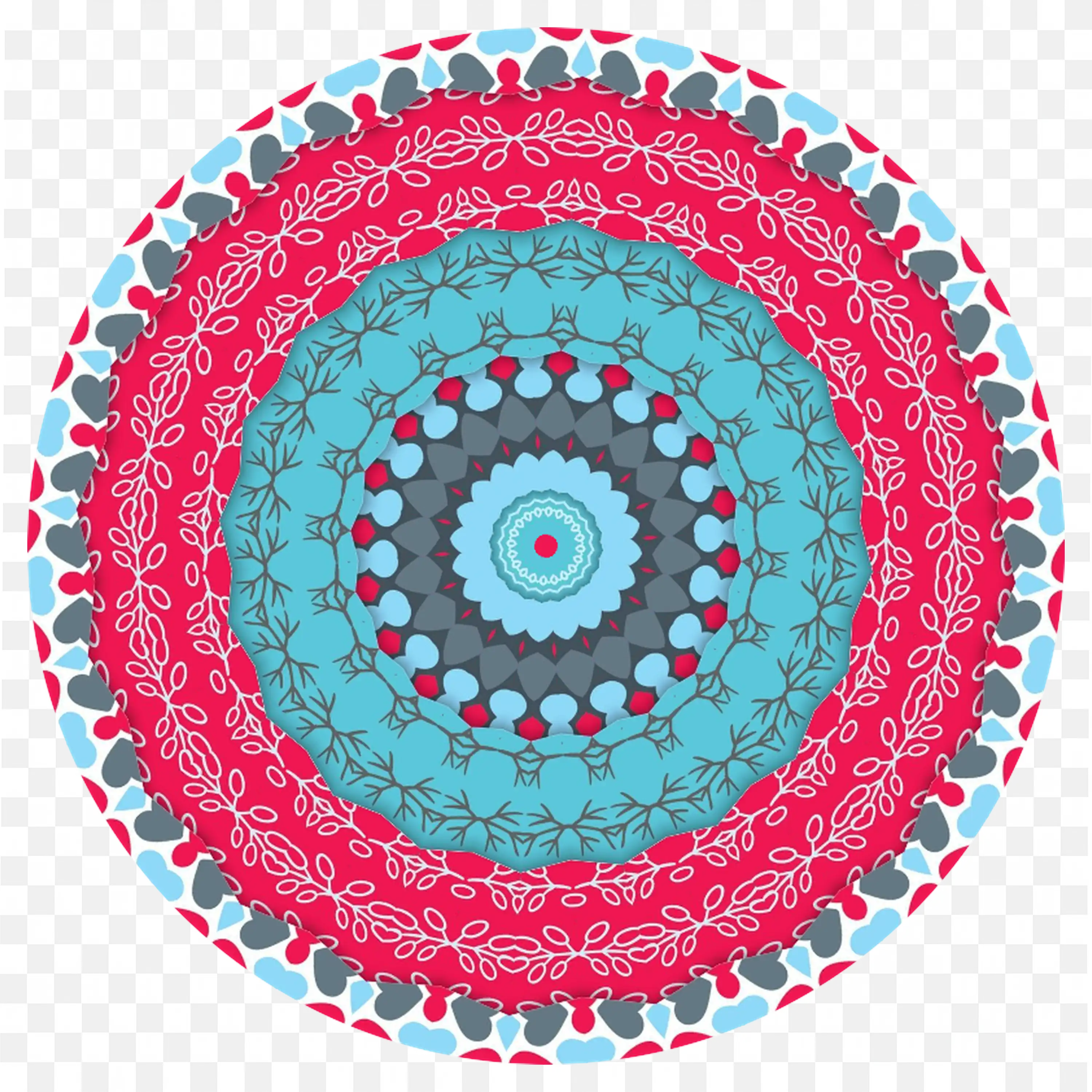 Red and Blue Mandala with Floral and Heart Shapes Free PNG