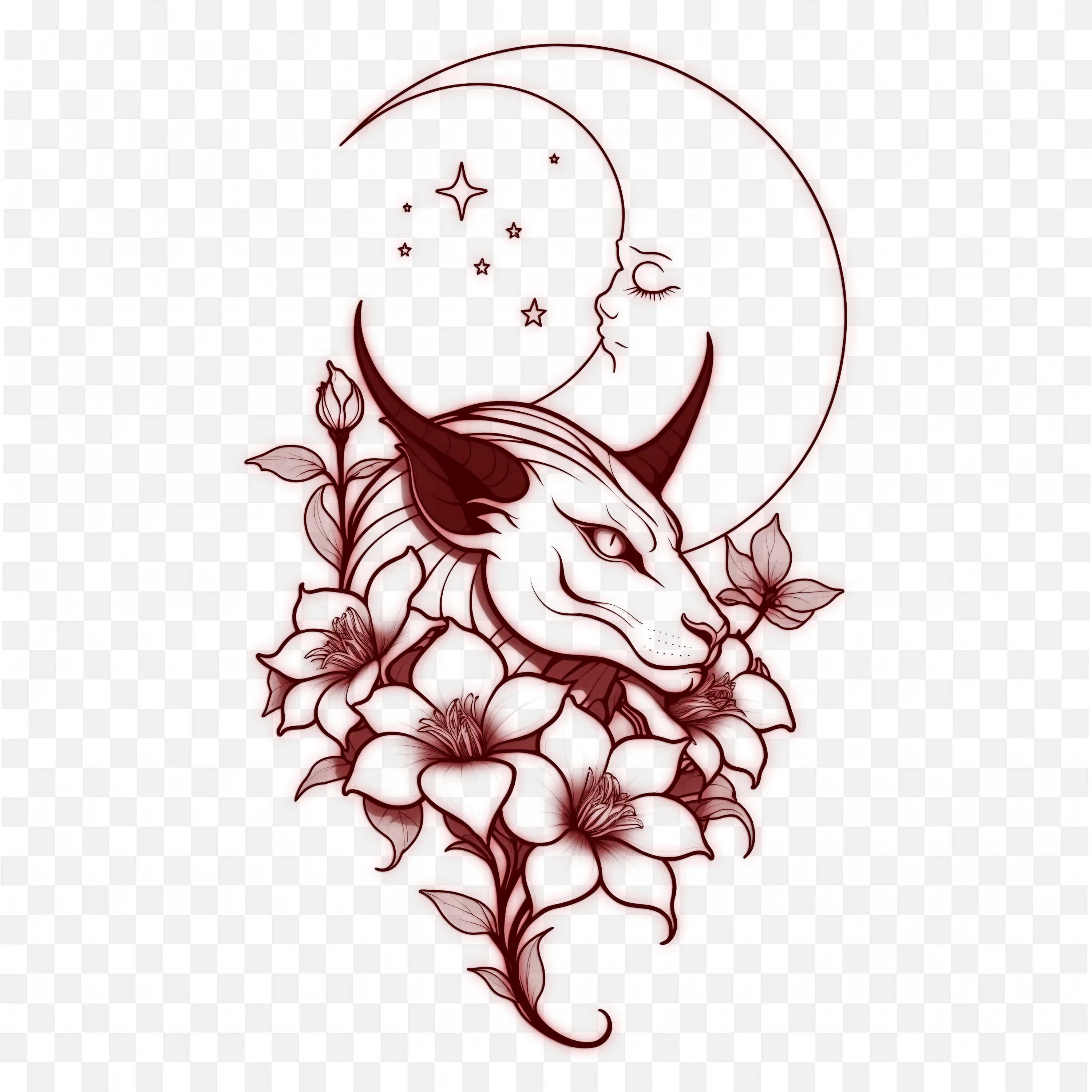 Red Floral Dragon Art with Stars and Moon Shape Clip Art