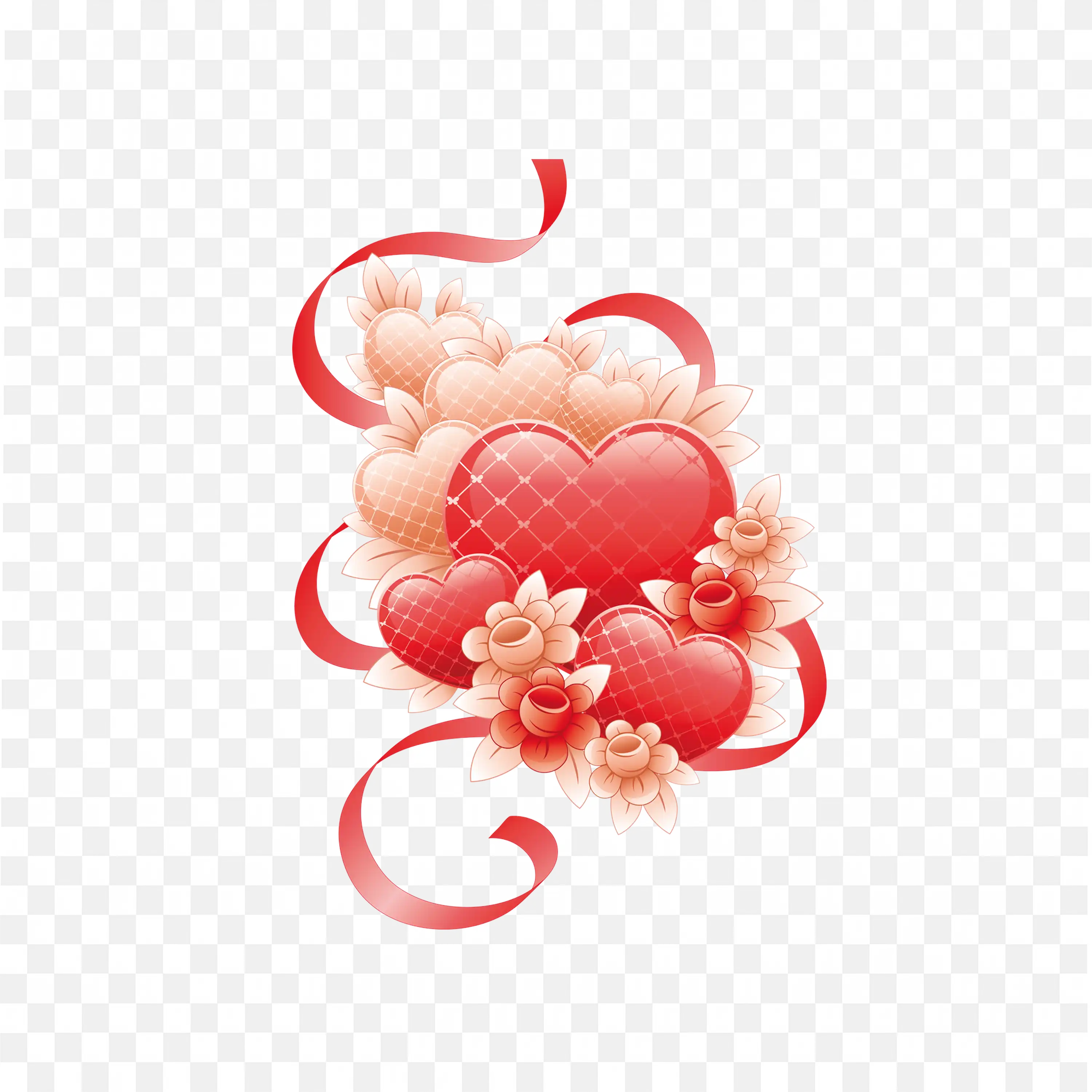 Red Hearts with Ribbons and Soft Floral Decoration Art PNG