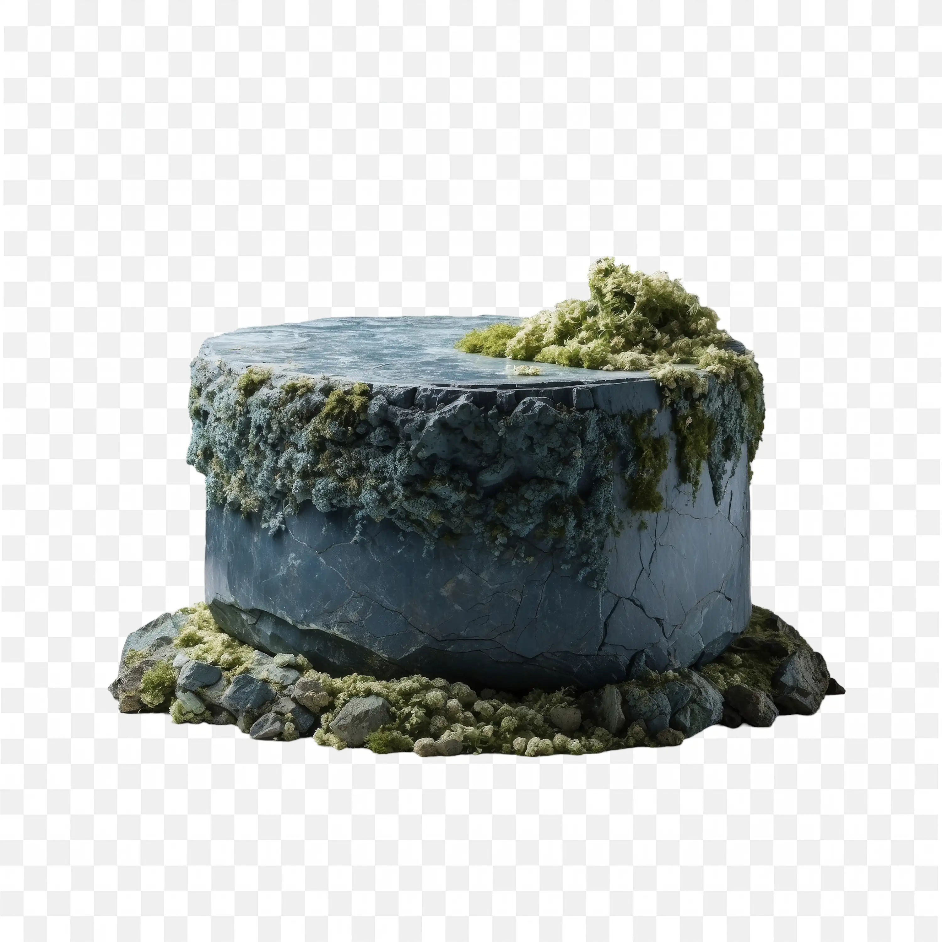 Round Stone Platform Covered with Green Moss and Cracks