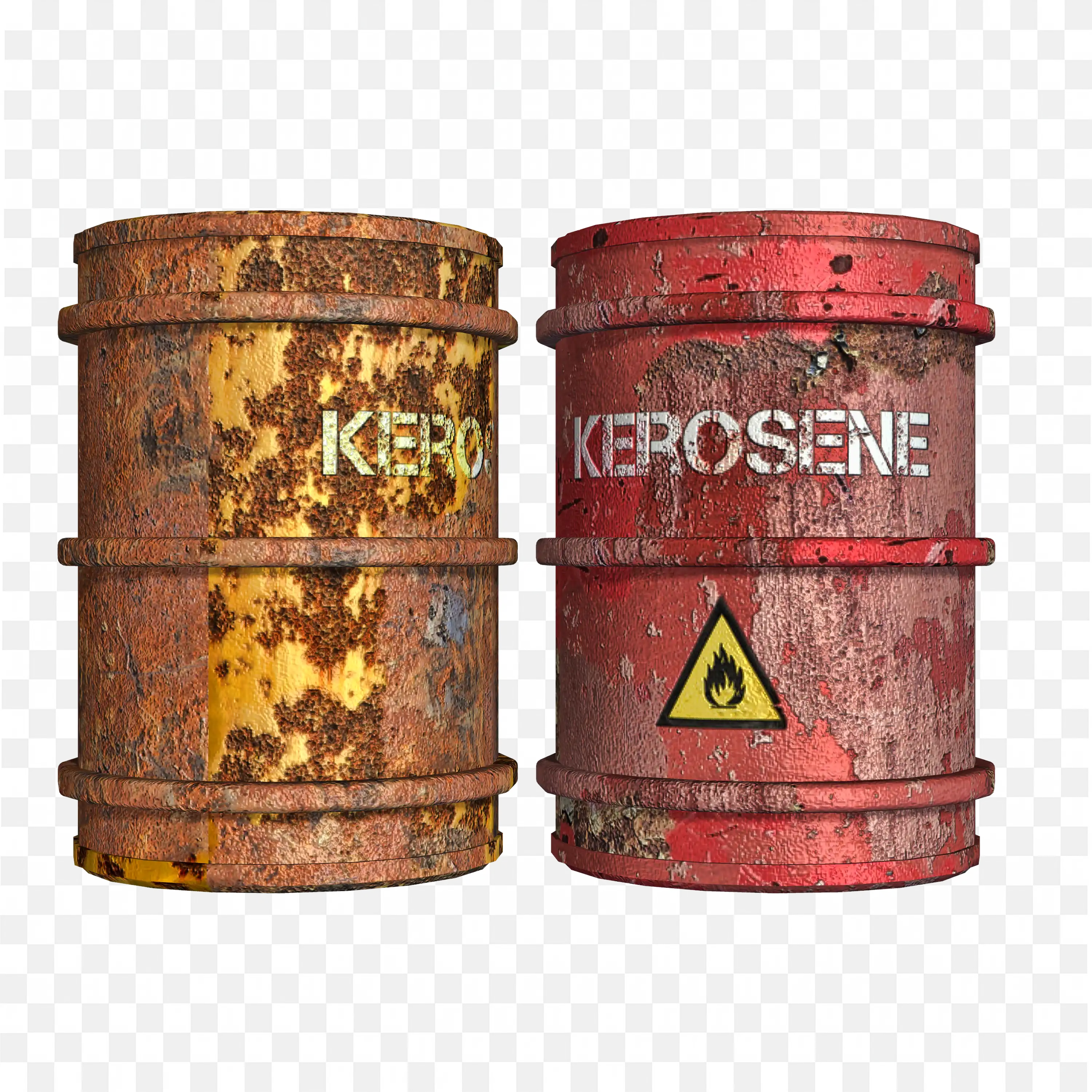 Rusty Kerosene Barrels with Dangerous Warning Signs PNG