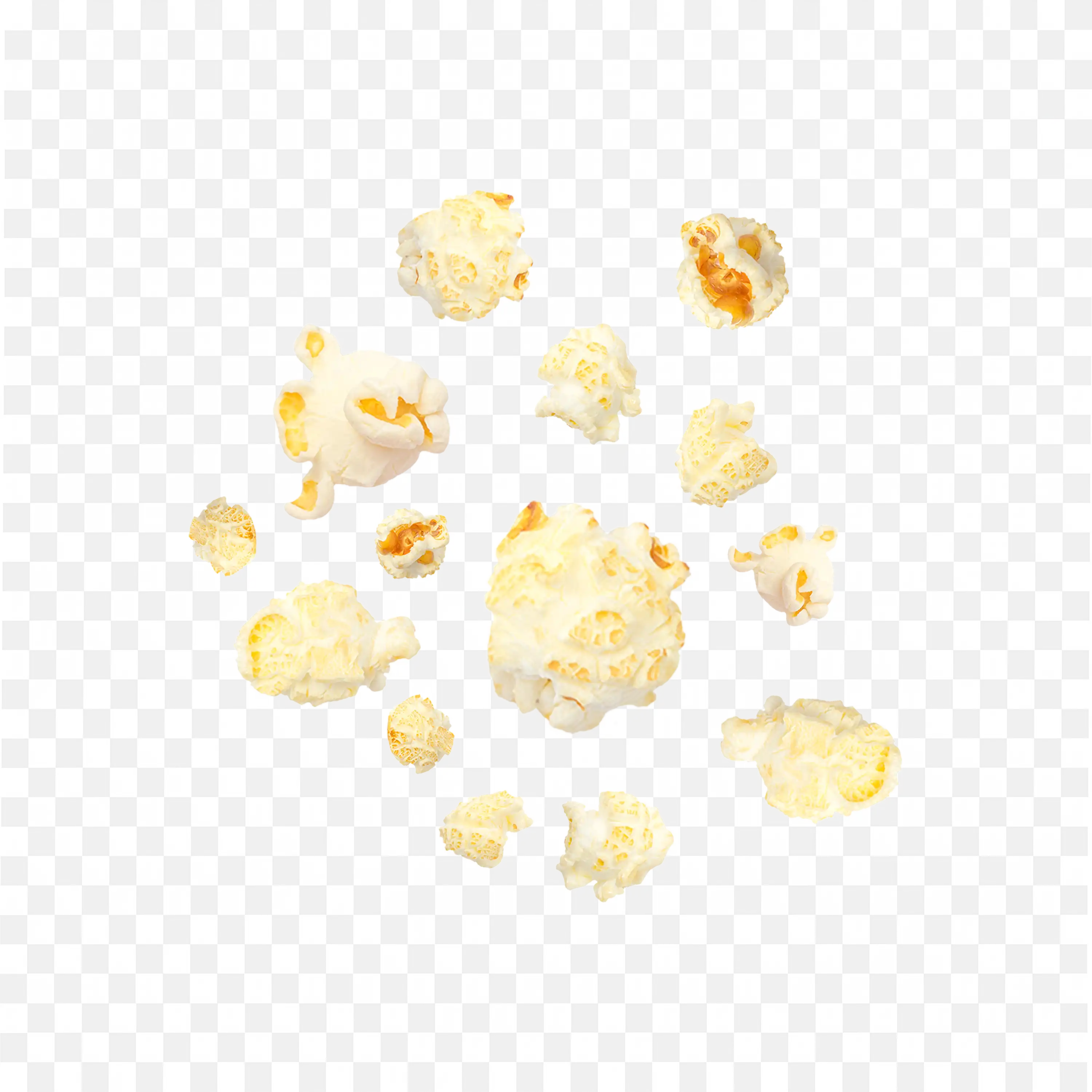 Scattered Popped Popcorn Pieces on White Background PNG